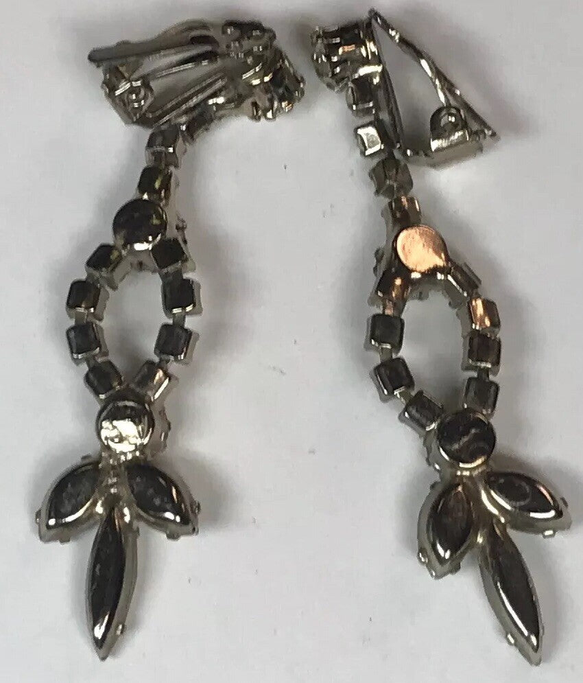 Vintage Art Deco Crystal Rhinestone Chandelier Statement Dangle Clip On Earrings