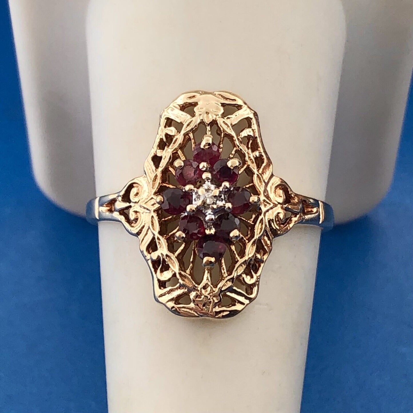 Designer JGL 10K Yellow Gold Ruby Diamond Filigree July Anniversary Ring
