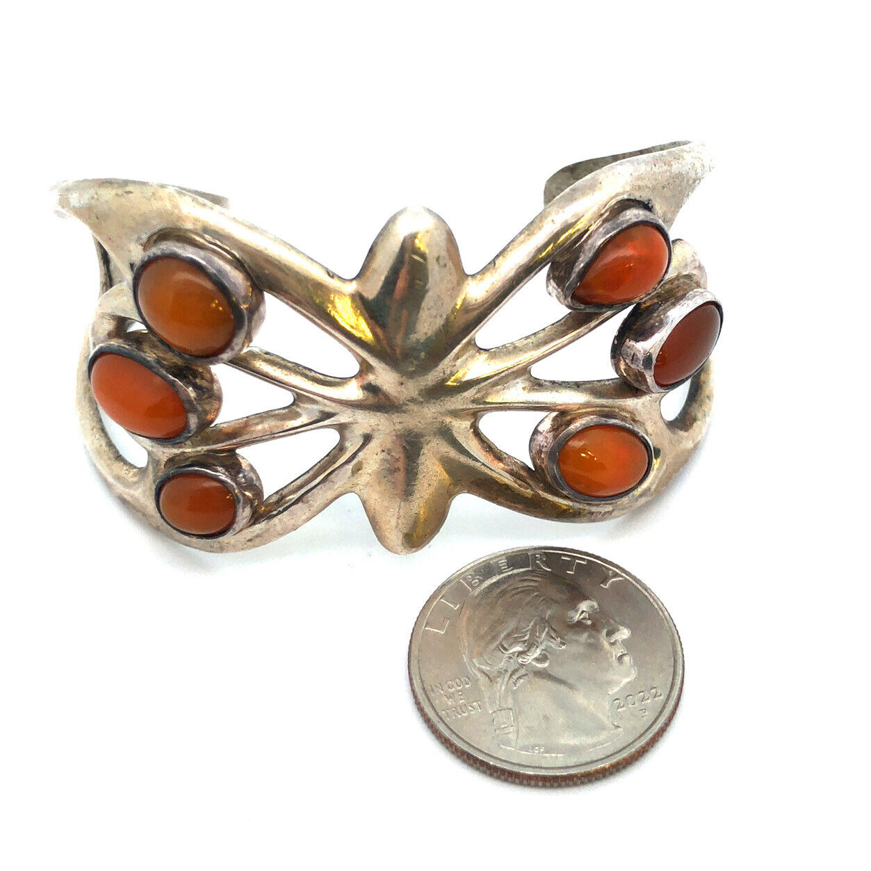 Modernist 925 Sterling Silver Mexican Fire Opal Butterfly Open Cuff Bracelet