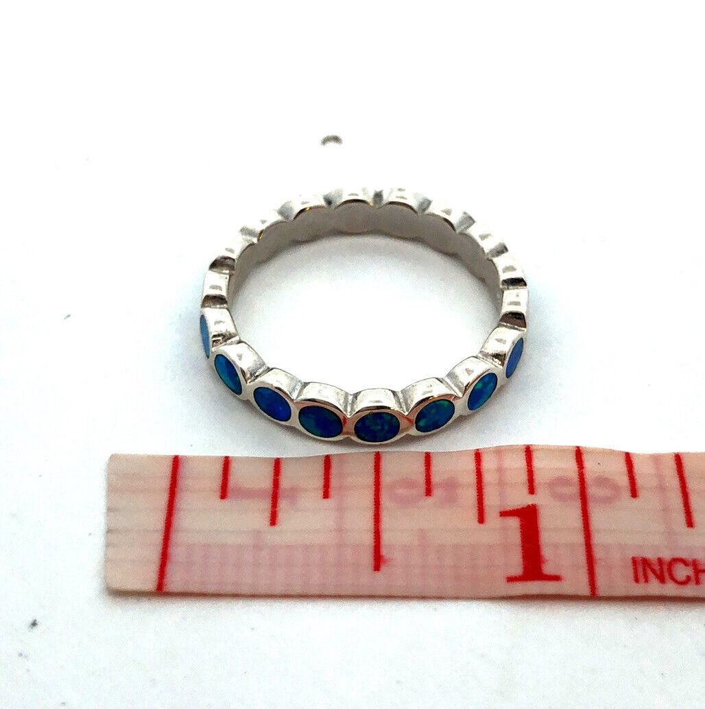 925 Sterling Silver Round Blue Opal Inlay Bubble Stackable Band Ring