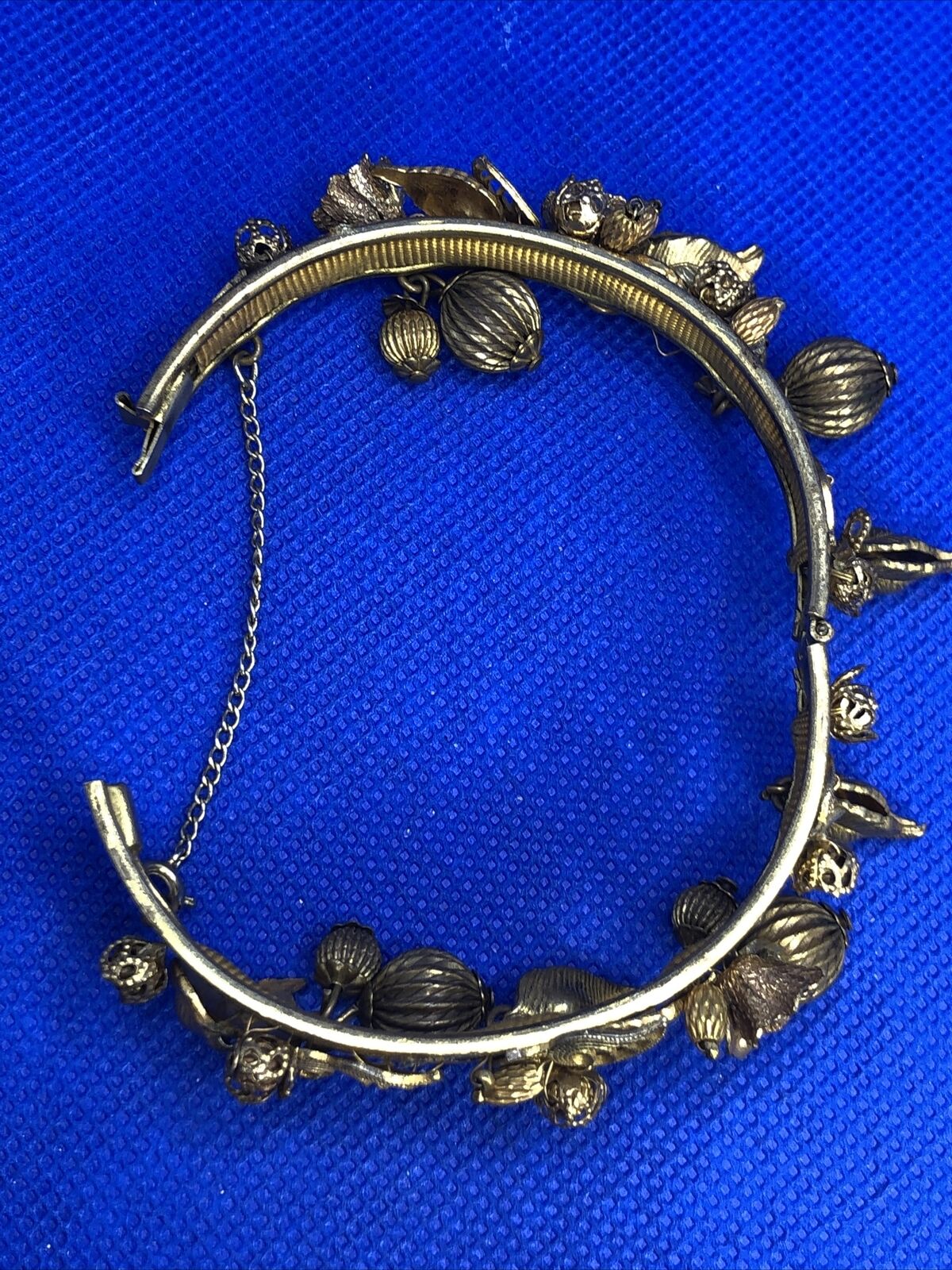 Art Nouveau Gold Tone Floral Theme Dangle Charm Hinged Cuff Bracelet