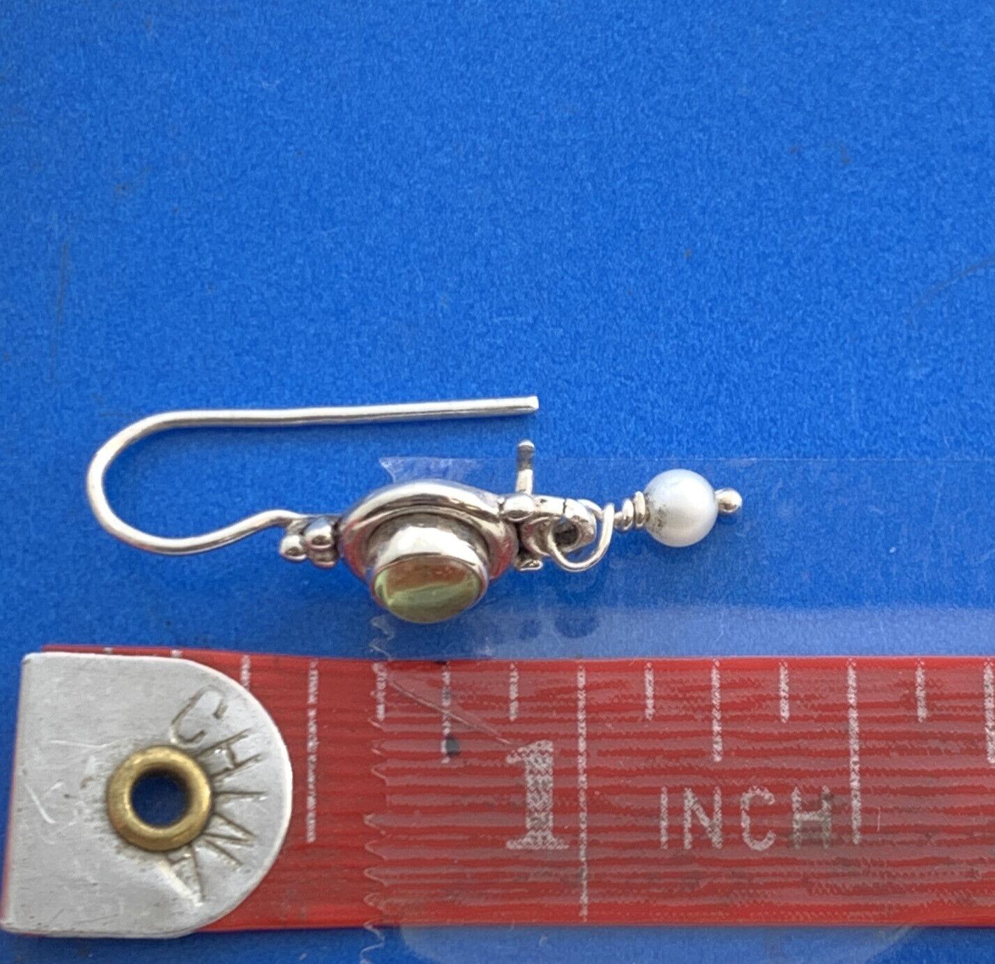 Estate 925 Sterling Silver Peridot Cabochon Pearl Balinese Dangle Drop Earrings