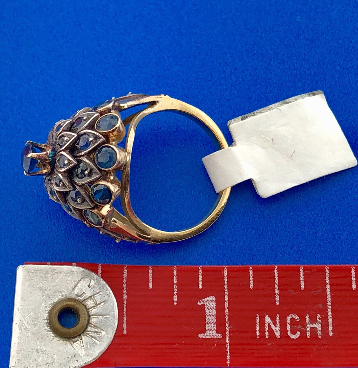 Estate 10K Yellow Gold Blue Topaz Towering Flower December Anniversary Ring