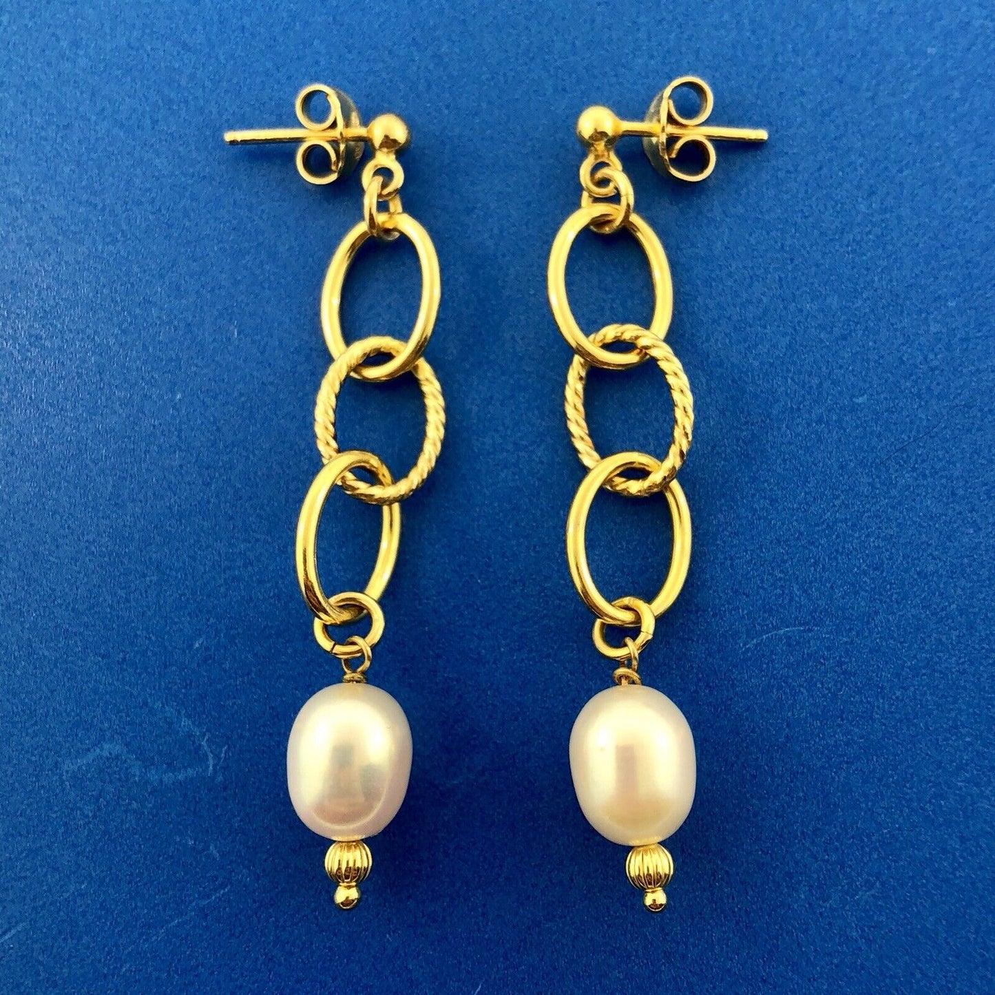 Italy Sterling Silver Vermeil Modernist Polished Twist Pearl Dangle Earrings