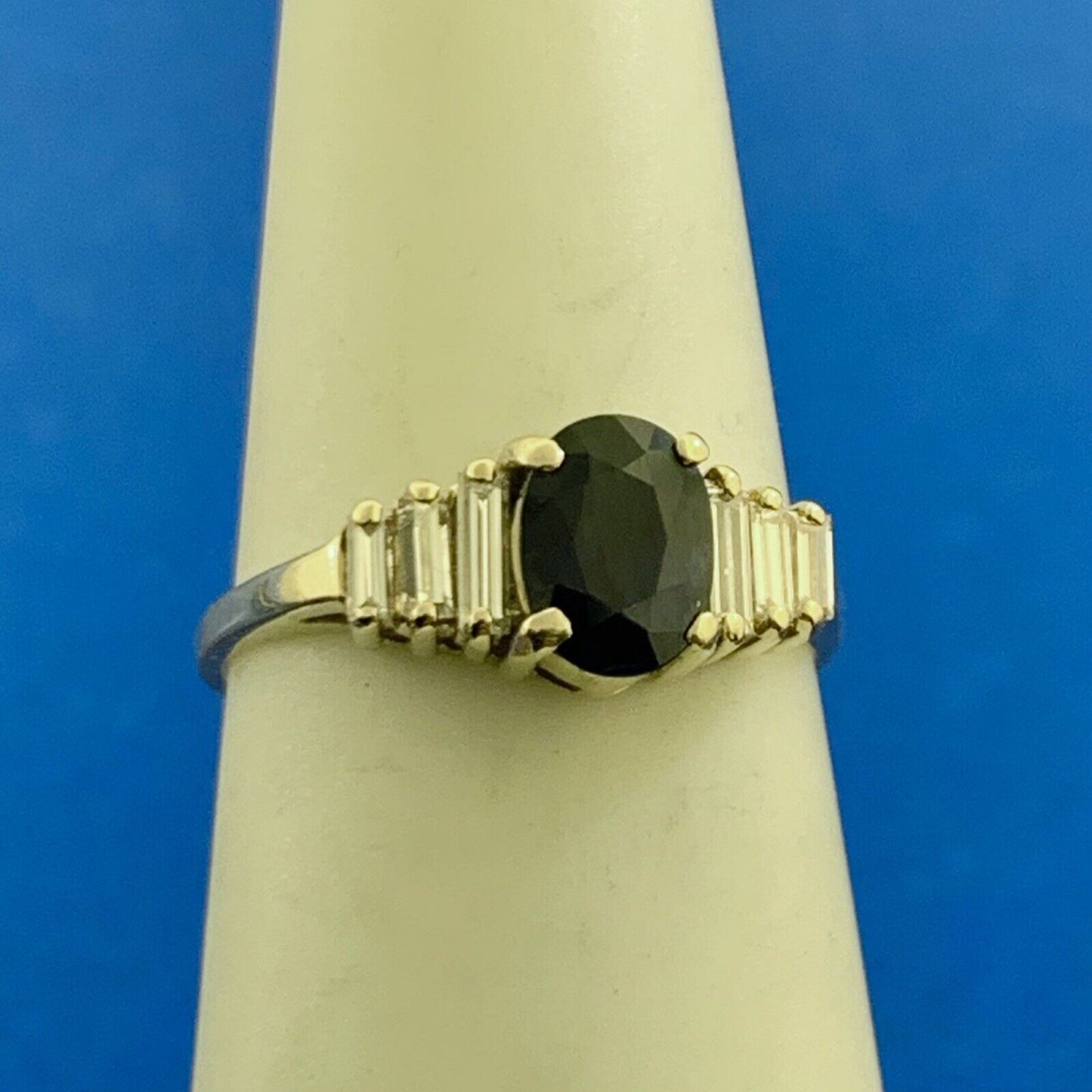 Designer 14K Yellow Gold Oval Sapphire Diamond Accent Anniversary Ring