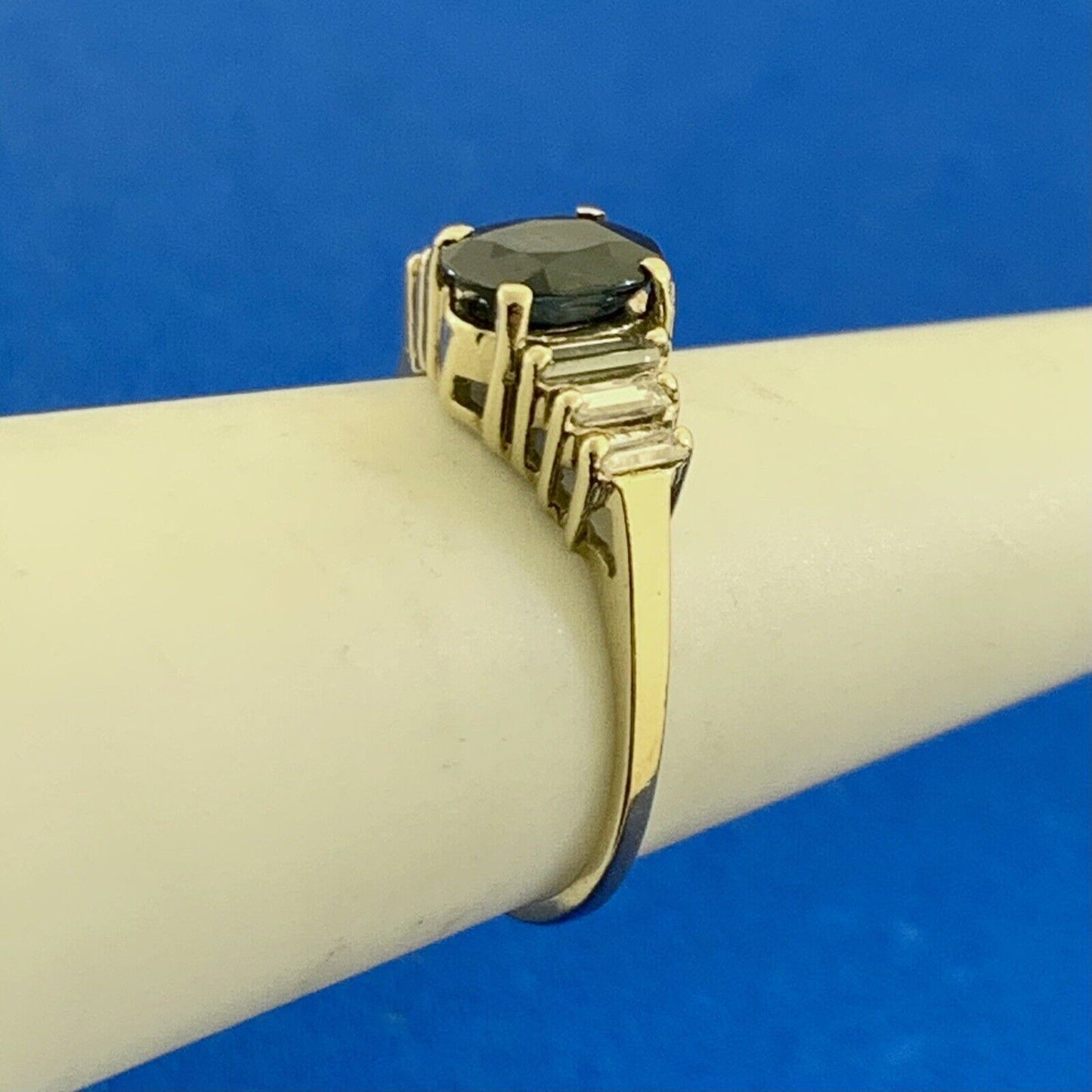 Designer 14K Yellow Gold Oval Sapphire Diamond Accent Anniversary Ring