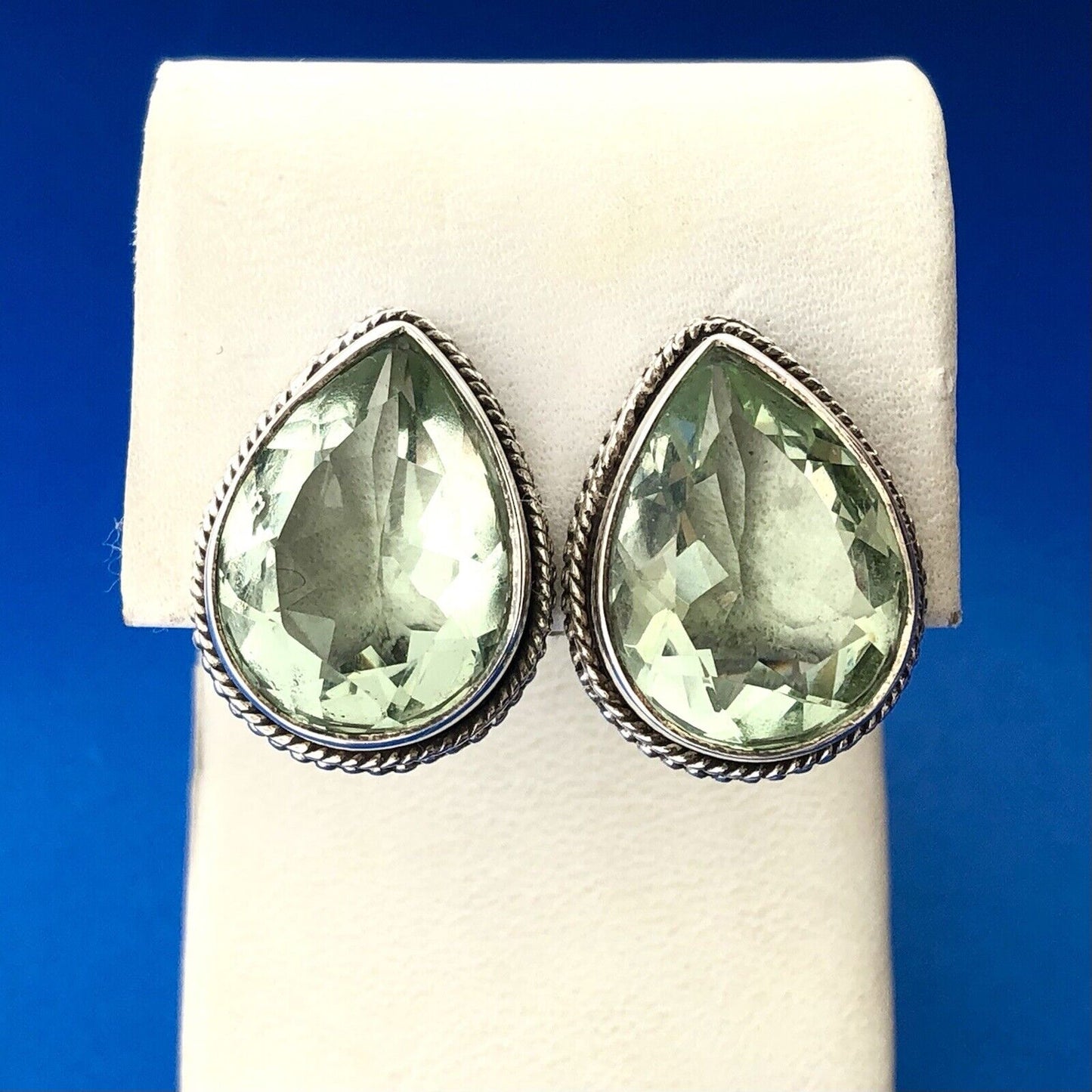 Retro 925 Sterling Silver Pear Pale Green Cubic Zirconia Statement Earrings