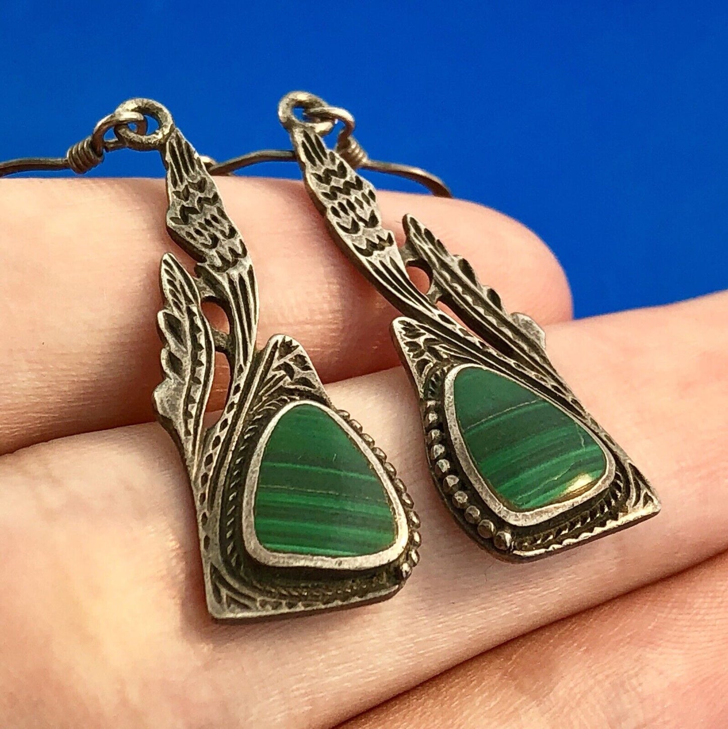 Estate Sterling Silver Malachite Trilliant Feather Wings Motif Dangle Earrings