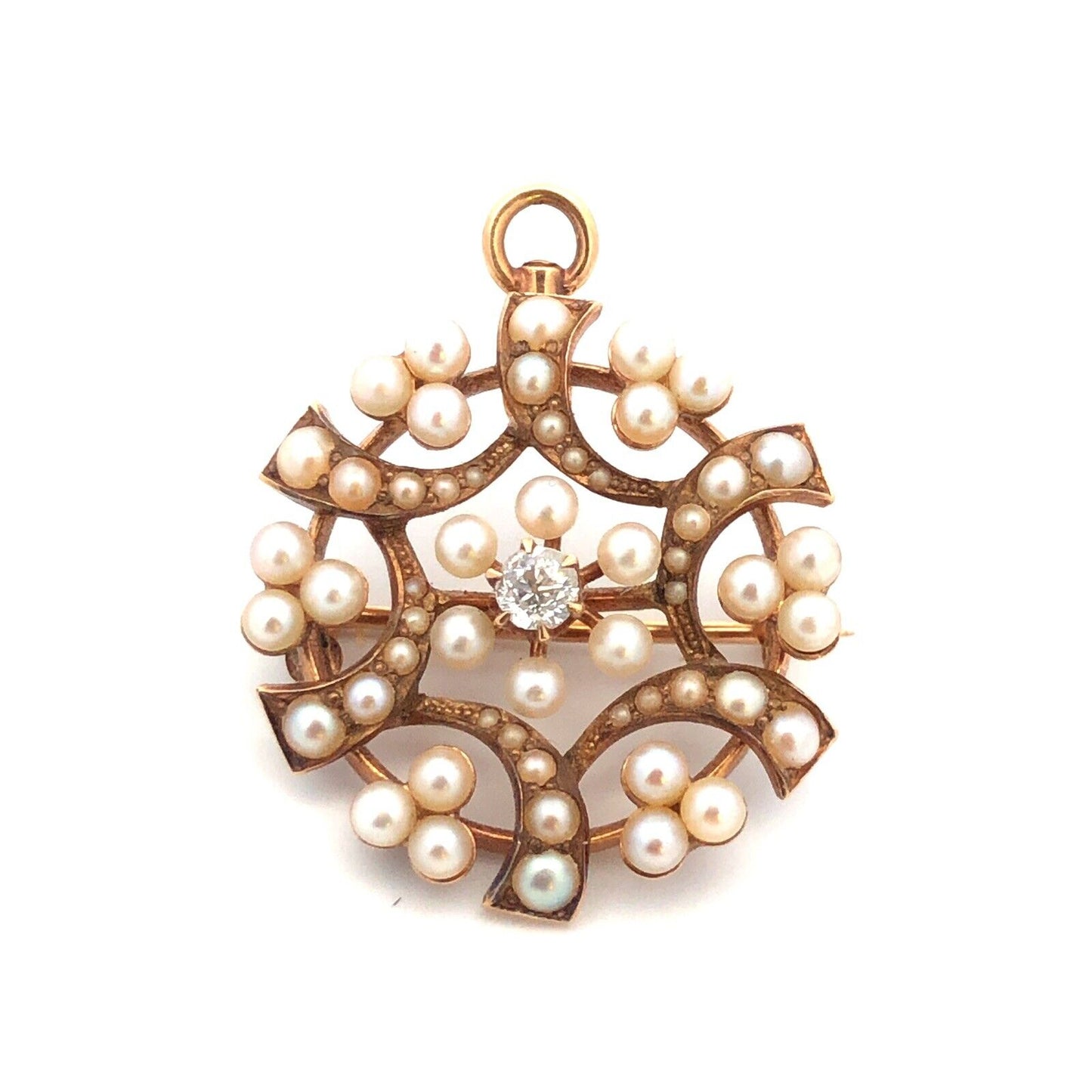 Vintage 14k Yellow Gold Diamond Seed Pearl Spiral Cluster Brooch Pendant