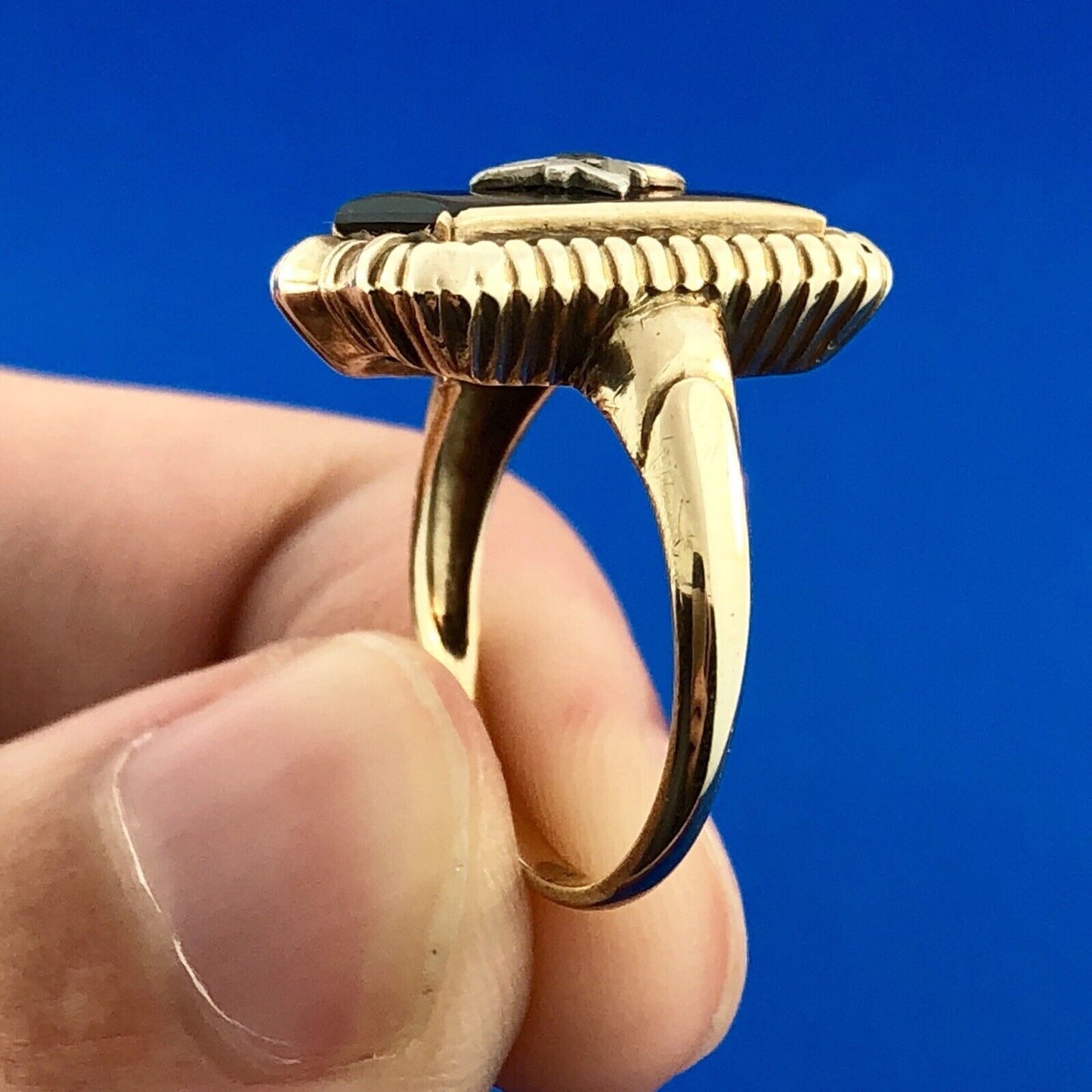 Art Deco Art Nouveau 10K Yellow White Gold Black Onyx Diamond Cocktail Ring