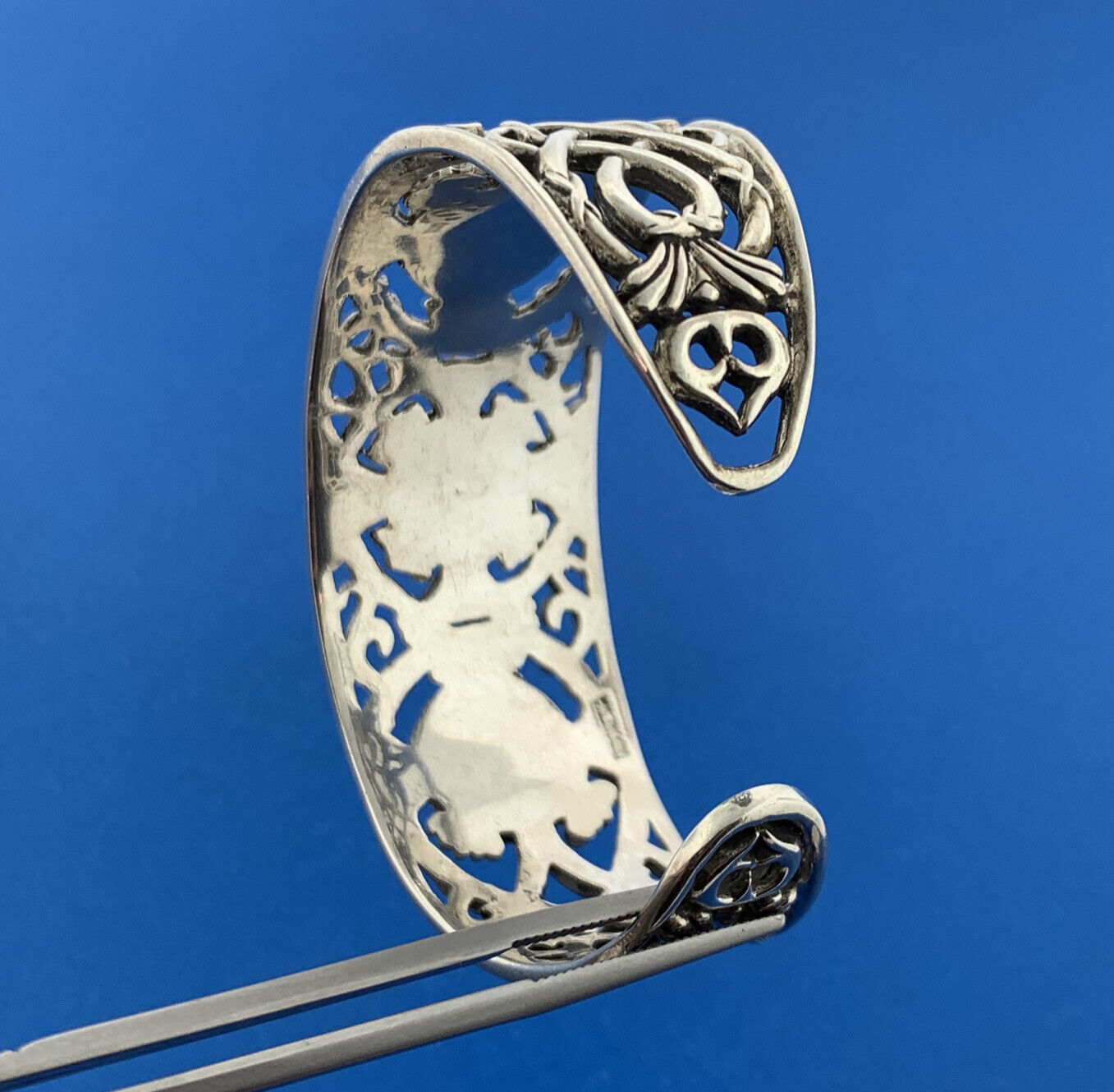 Artisan Sterling Silver Cubic Zirconia Open Scroll Work Statement Cuff Bracelet