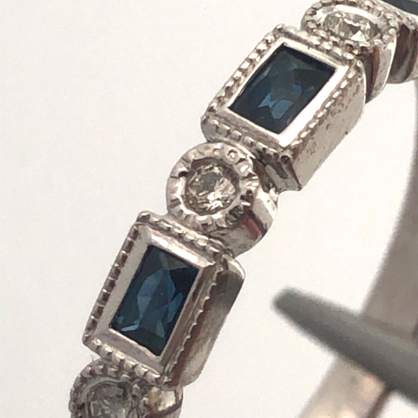 18K White Gold Emerald Cut Sapphire Round Diamond Stackable Anniversary Ring