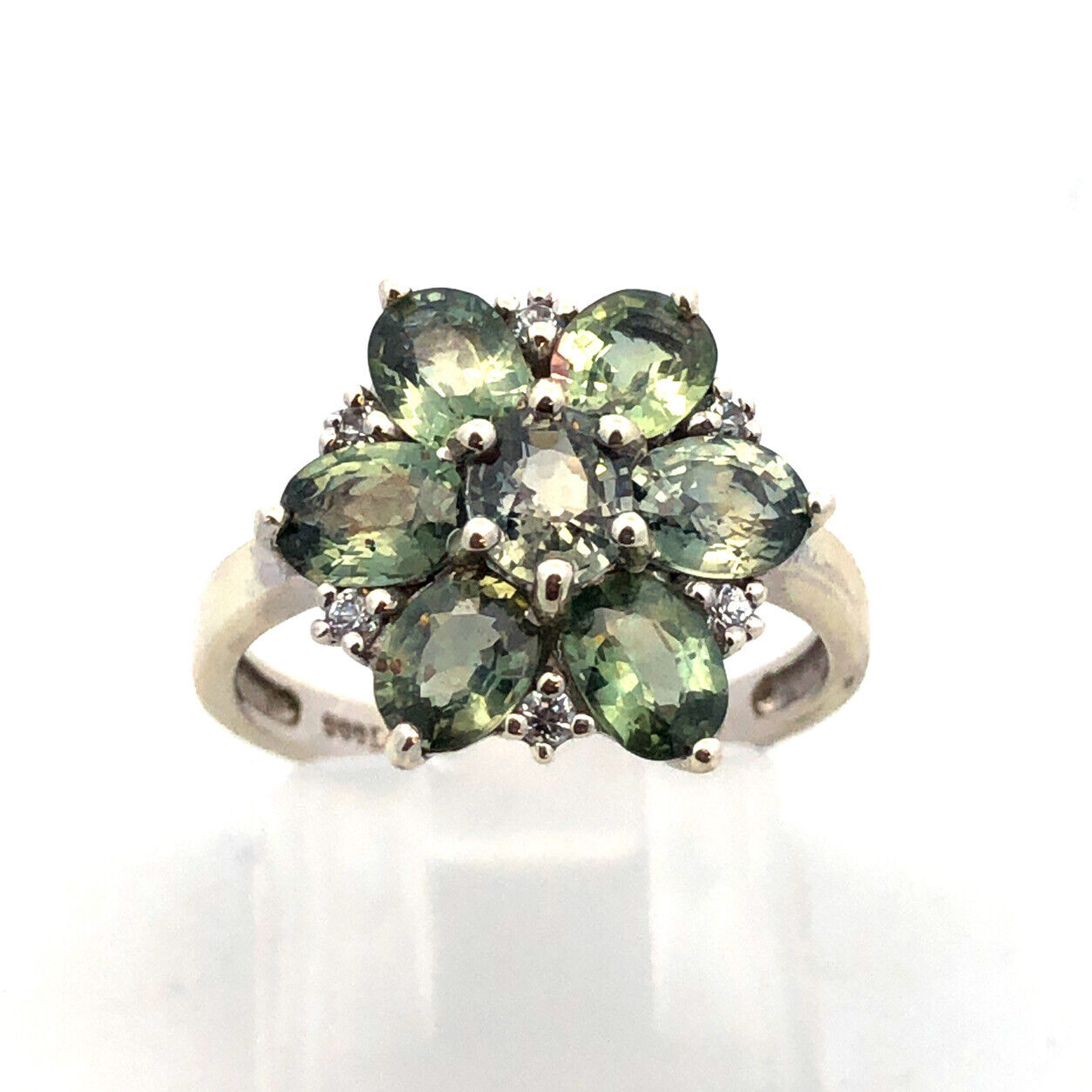 Designer TGGC 10K White Gold Oval Green Topaz Round Diamond Accent Cocktail Ring