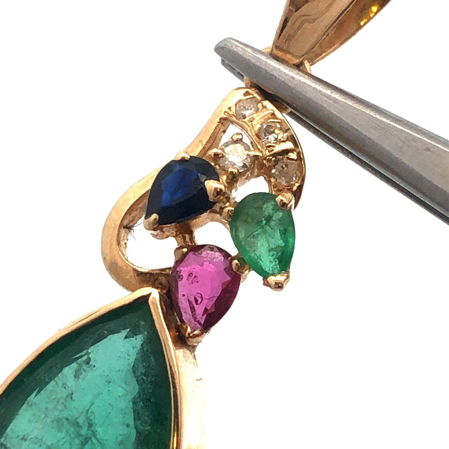 14K Yellow Gold Pear Emerald Sapphire Ruby Diamond Statement Pendant