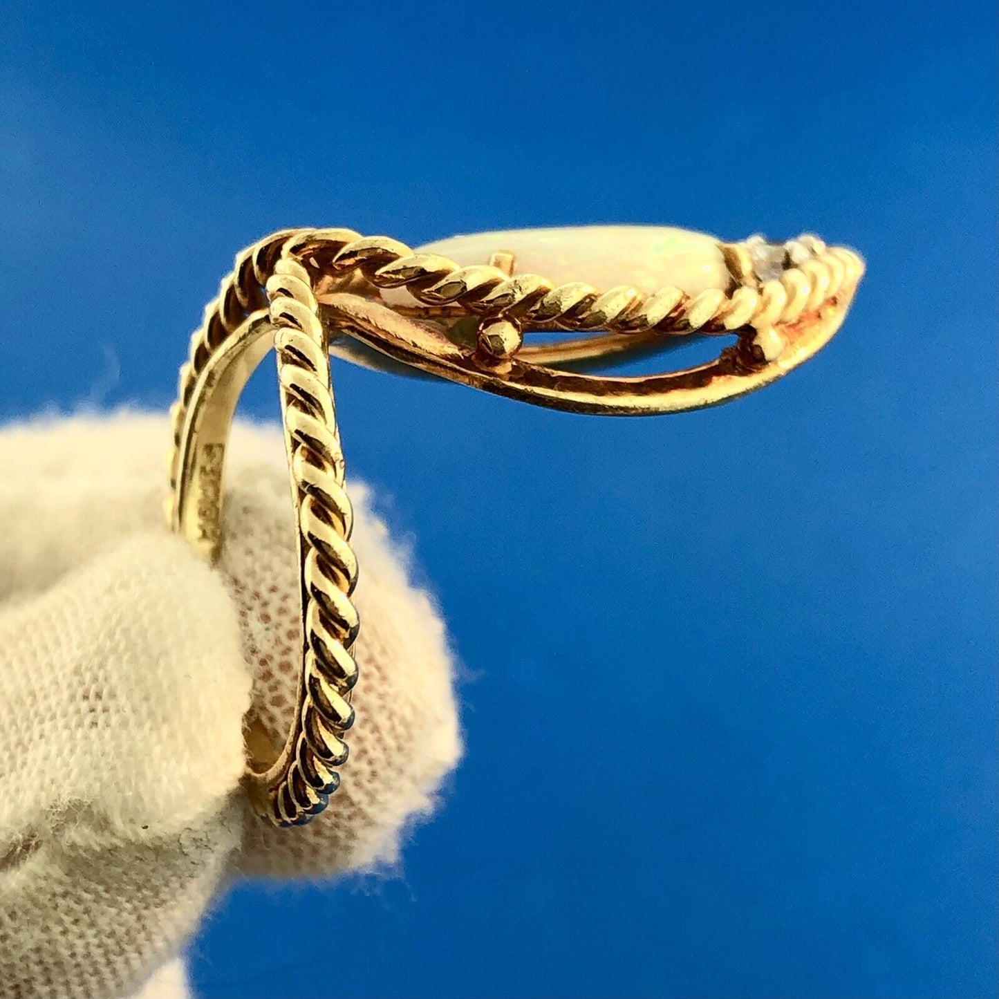 Custom Estate 18K Yellow Gold Oval Opal Diamond Accent Ichthys Statement Ring
