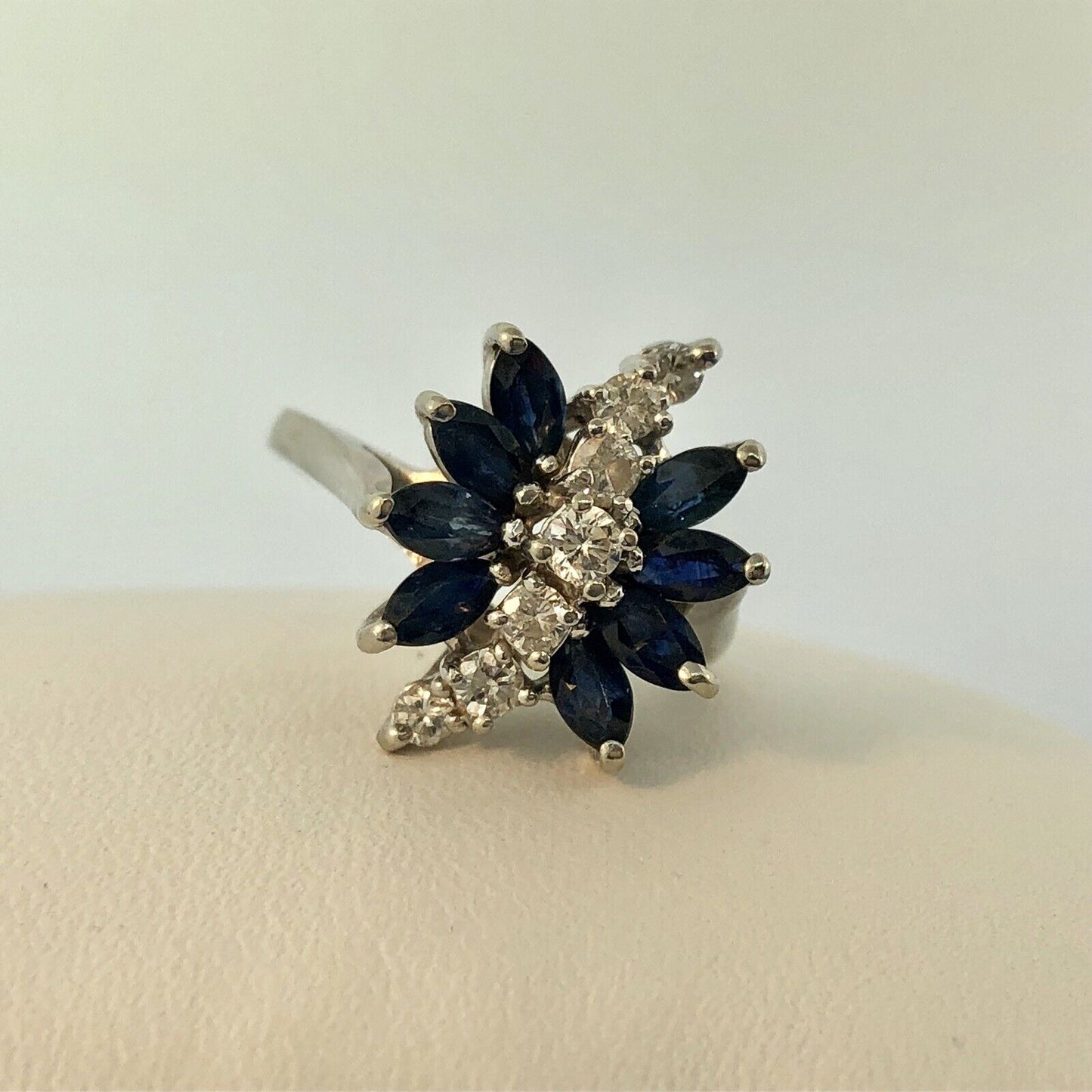 Vintage 14K White Gold Diamond Sapphire Waterfall September Anniversary Ring