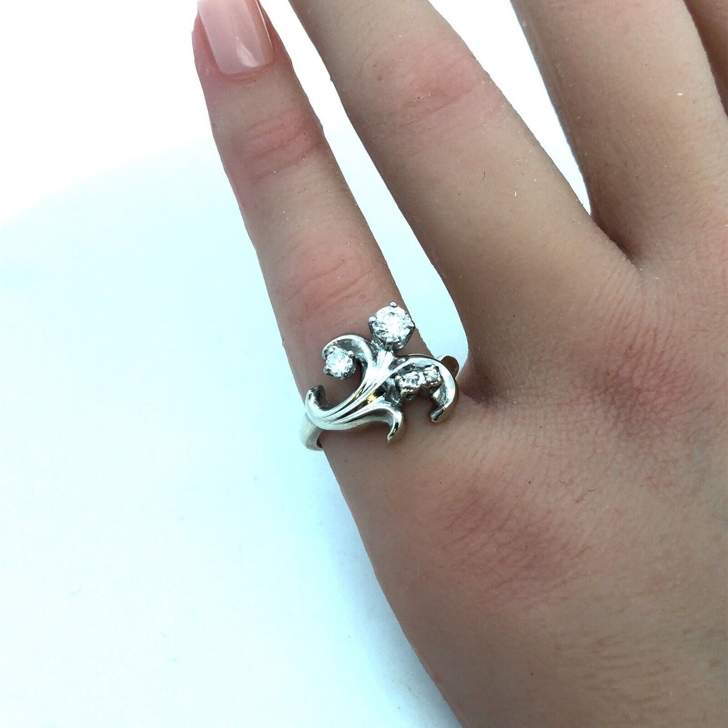 Art Deco 14K White Gold Diamond Fleur De Lis Flower Cluster Cocktail Ring