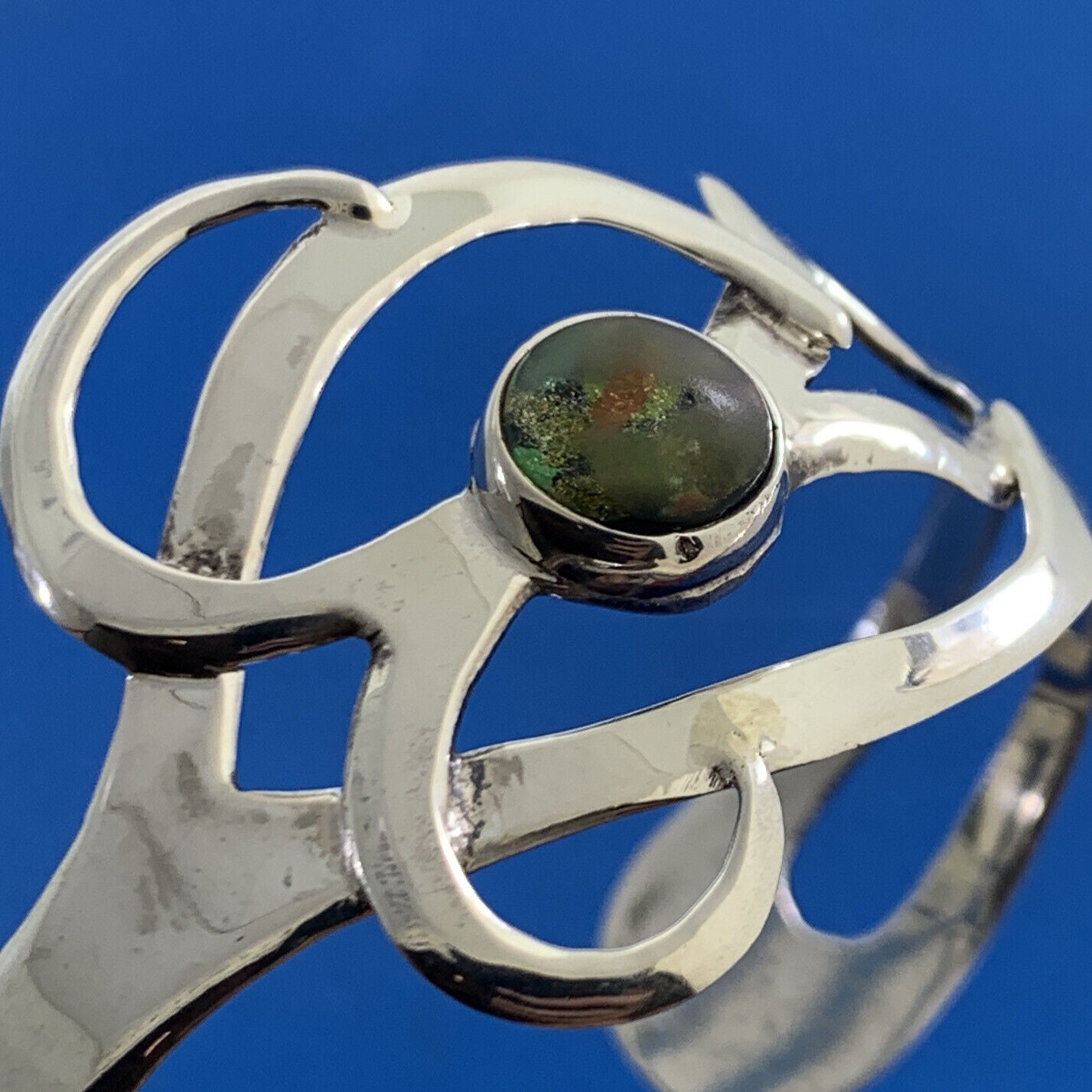 Taxco Modernist 925 Sterling Silver Art Glass Statement Open Cuff Bracelet