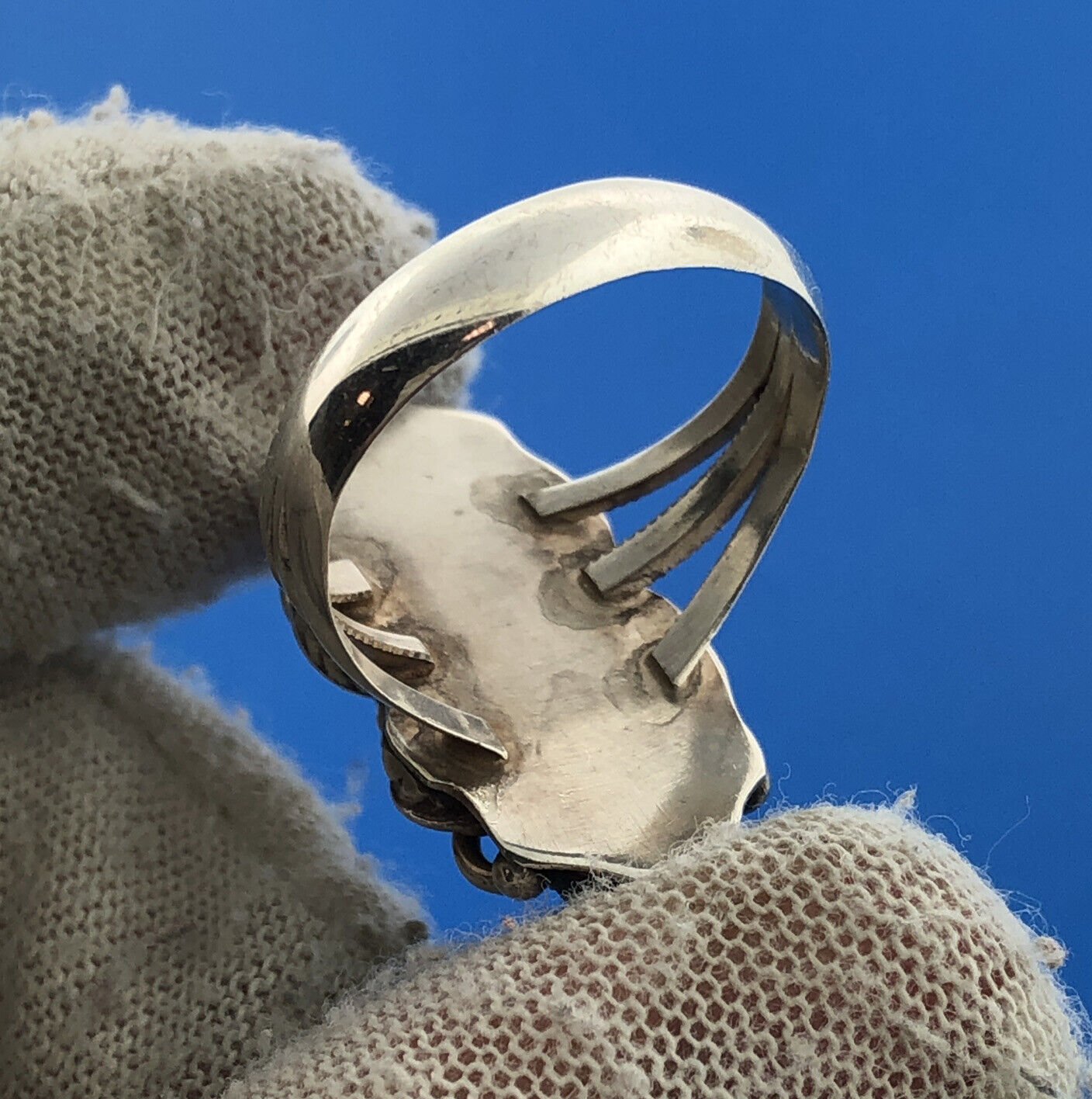 Native American Artisan Sterling Silver Coral Moonstone Elongated Feather Ring