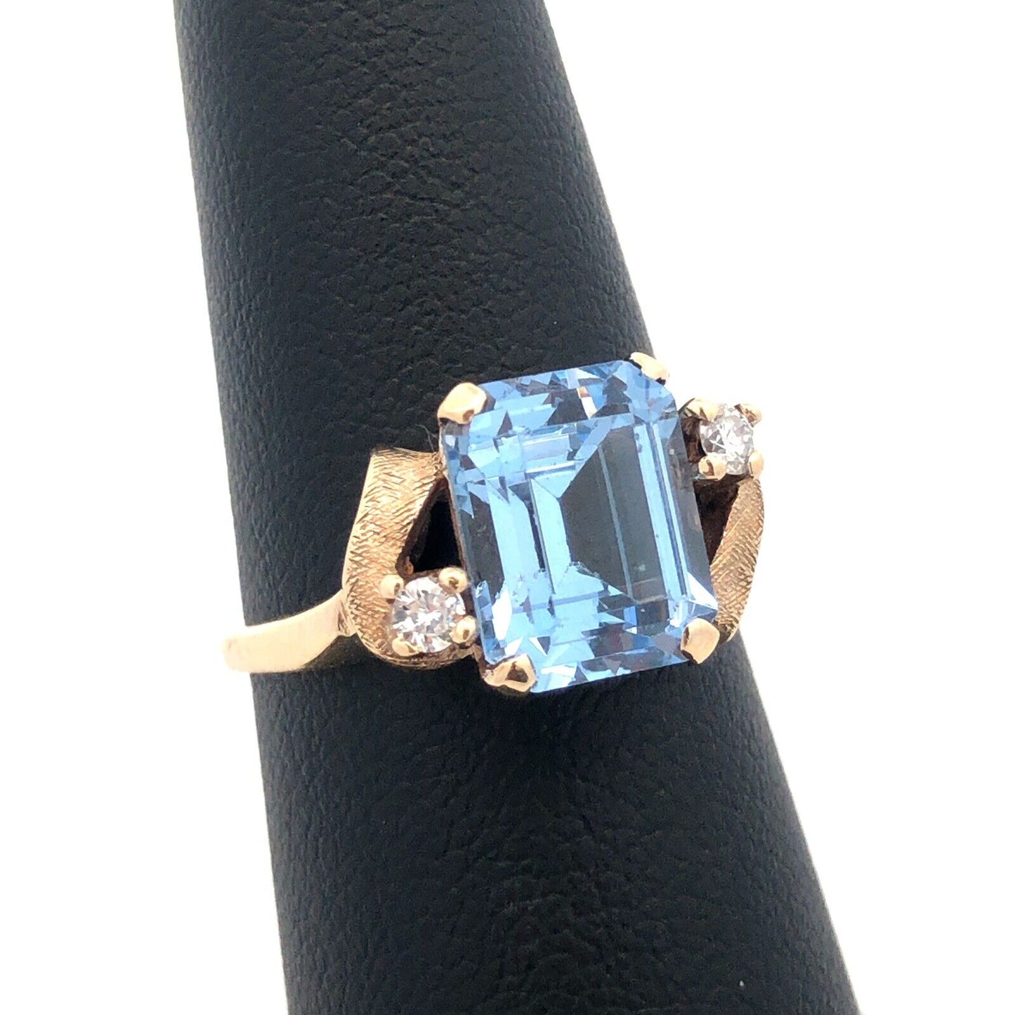 Designer 10K Yellow Gold Emerald Cut Blue Spinel Diamond Engagement Ring