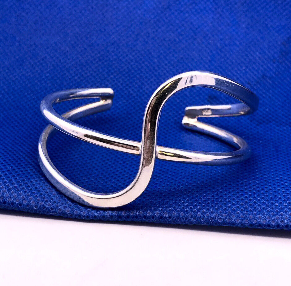 925 Sterling Silver Modernist Abstract Double Wave Open Cuff Bracelet