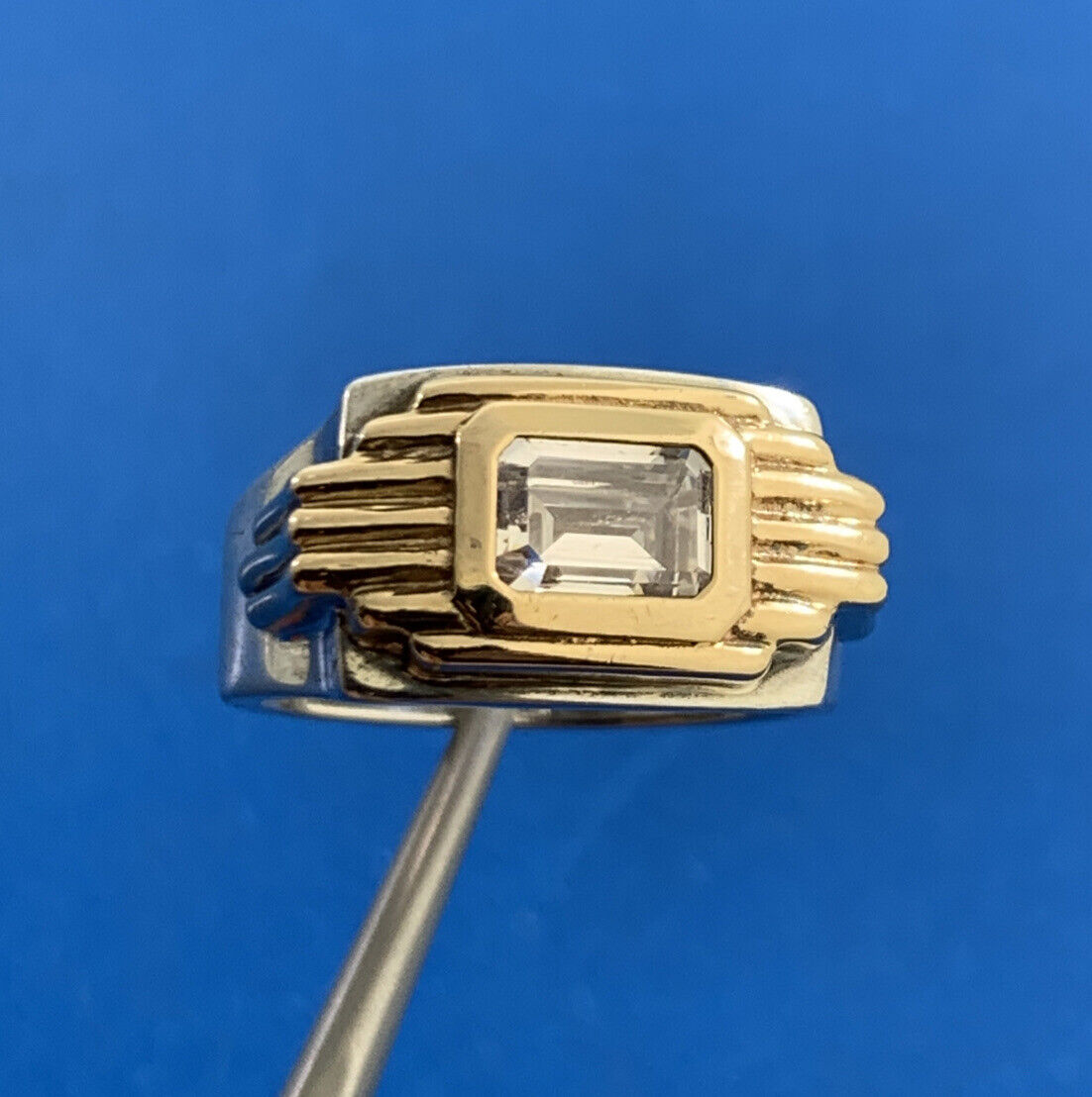 Art Deco 925 Sterling Silver 14K Yellow Gold White Tourmaline Unisex Dome Ring