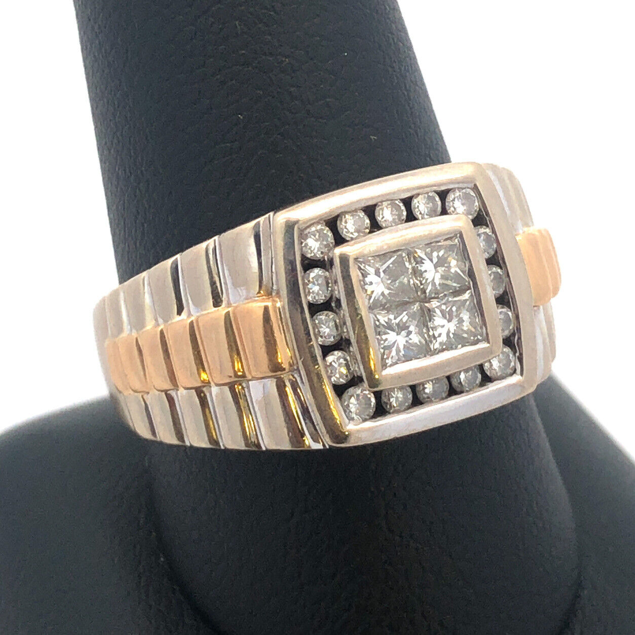 14K White Yellow Gold Princess Diamond Quad Men's Two Toned Ribbed Dome Ring
