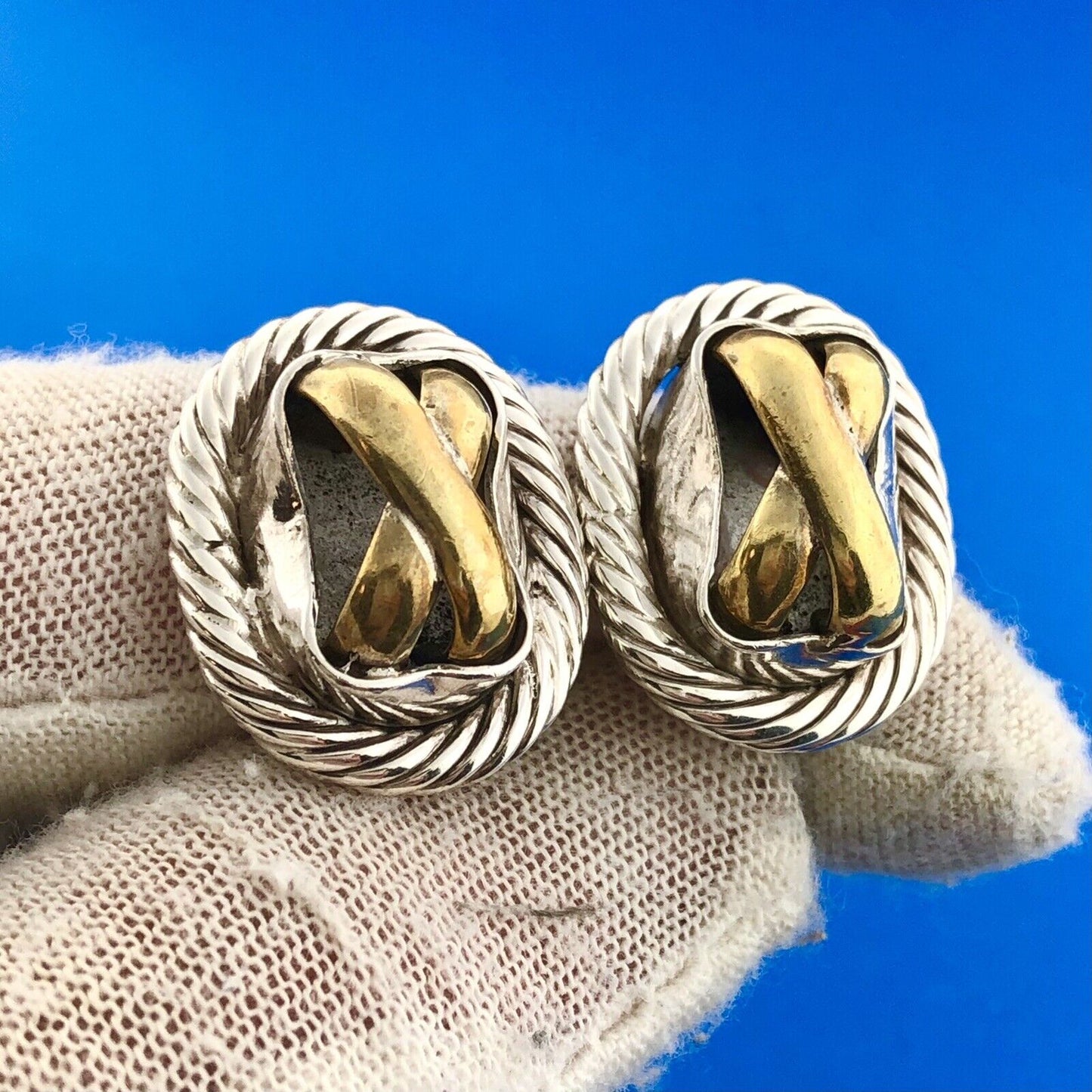 Estate Mexico 925 Sterling Silver Brass Two Tone X O Statement Stud Earrings