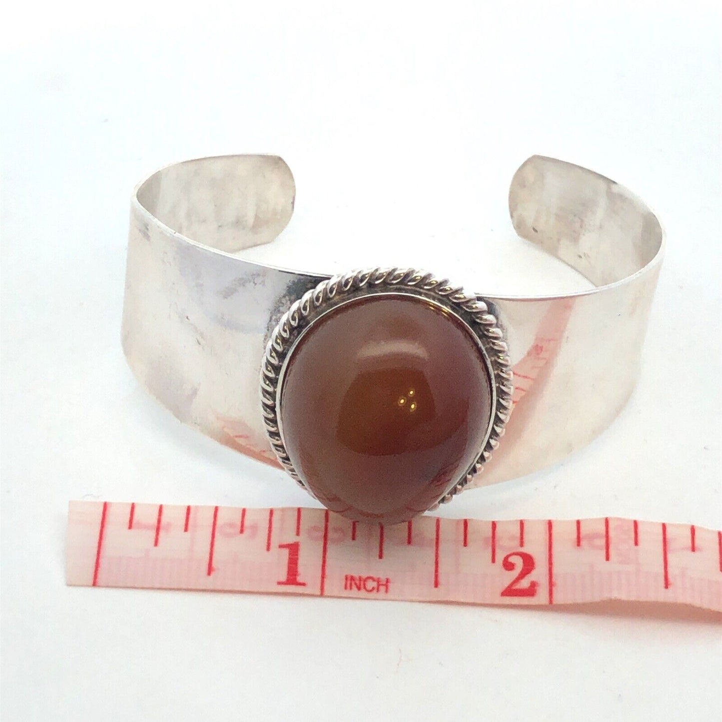 Estate 925 Sterling Silver Oval Carnelian Reeded Statement Open Cuff Bracelet