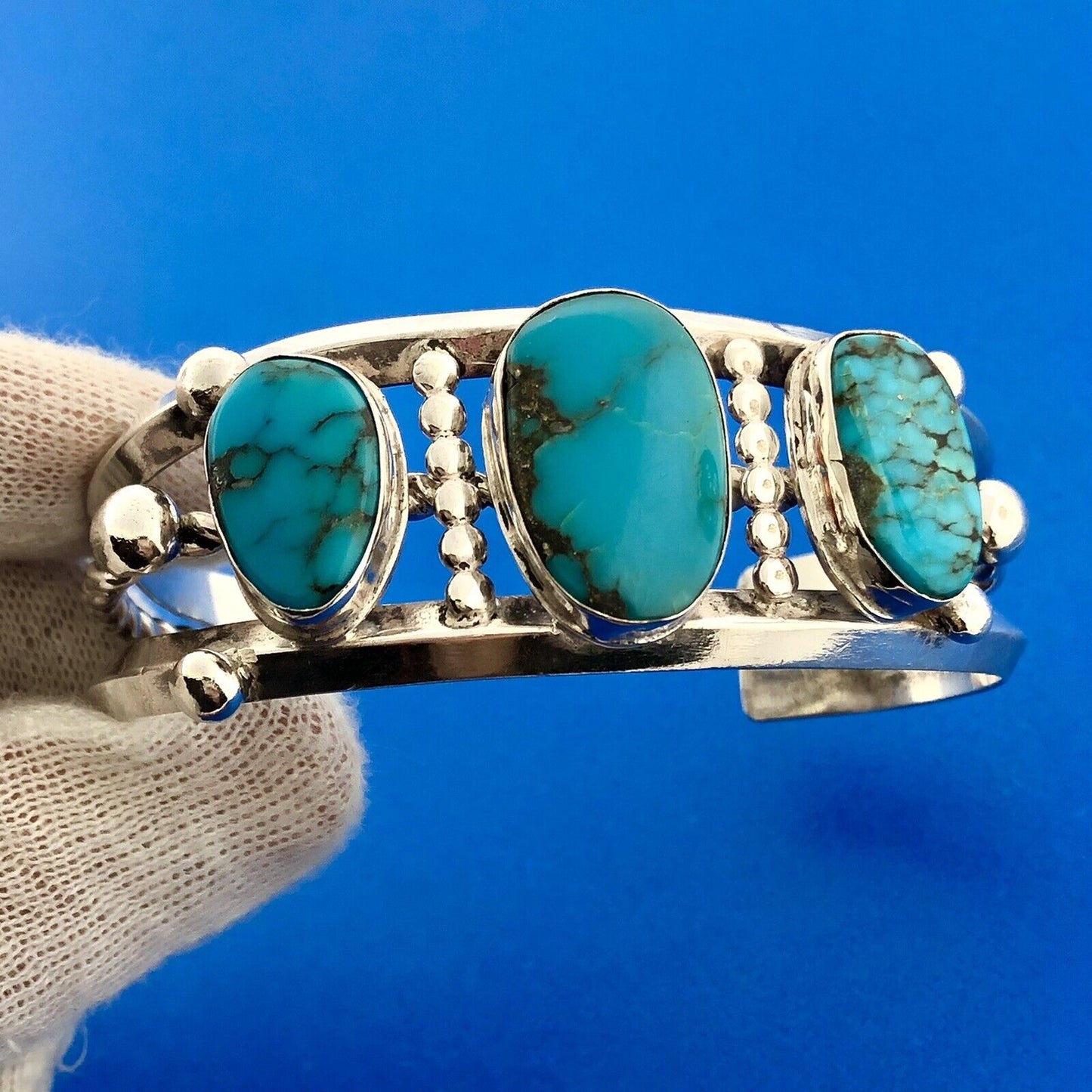 Estate Native American Sterling Silver Turquoise Chunky Cabochon Cuff Bracelet