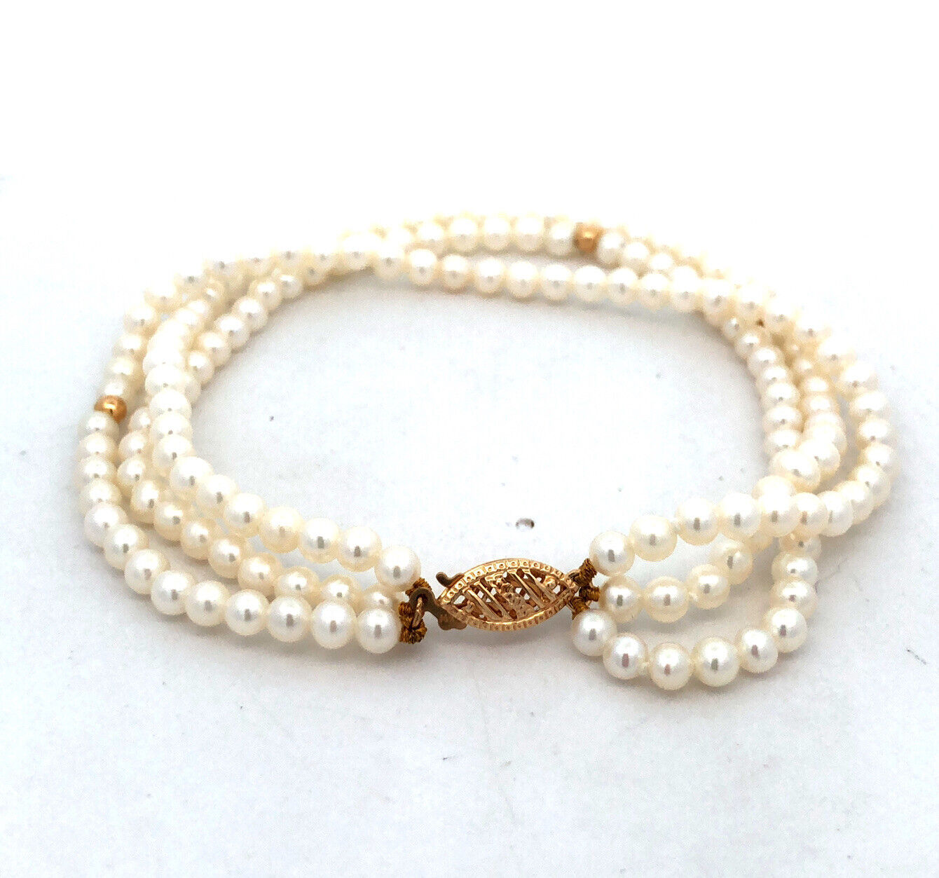 Designer 14K Yellow Gold Round White Pearl 3-Strand Beaded Bracelet