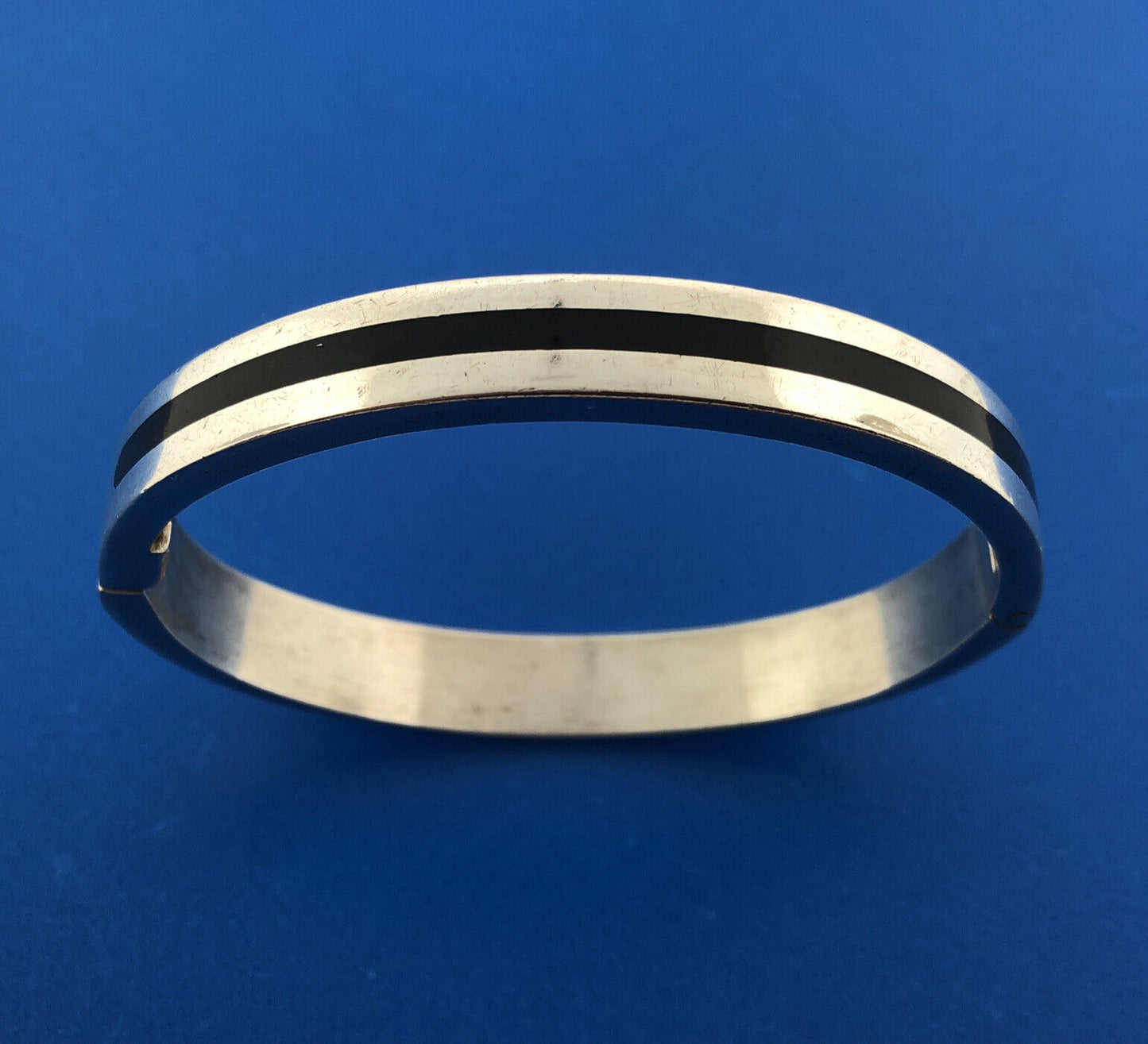 Designer FS 925 Sterling Silver Modern Black Onyx Inlay Hinged Cuff Bracelet