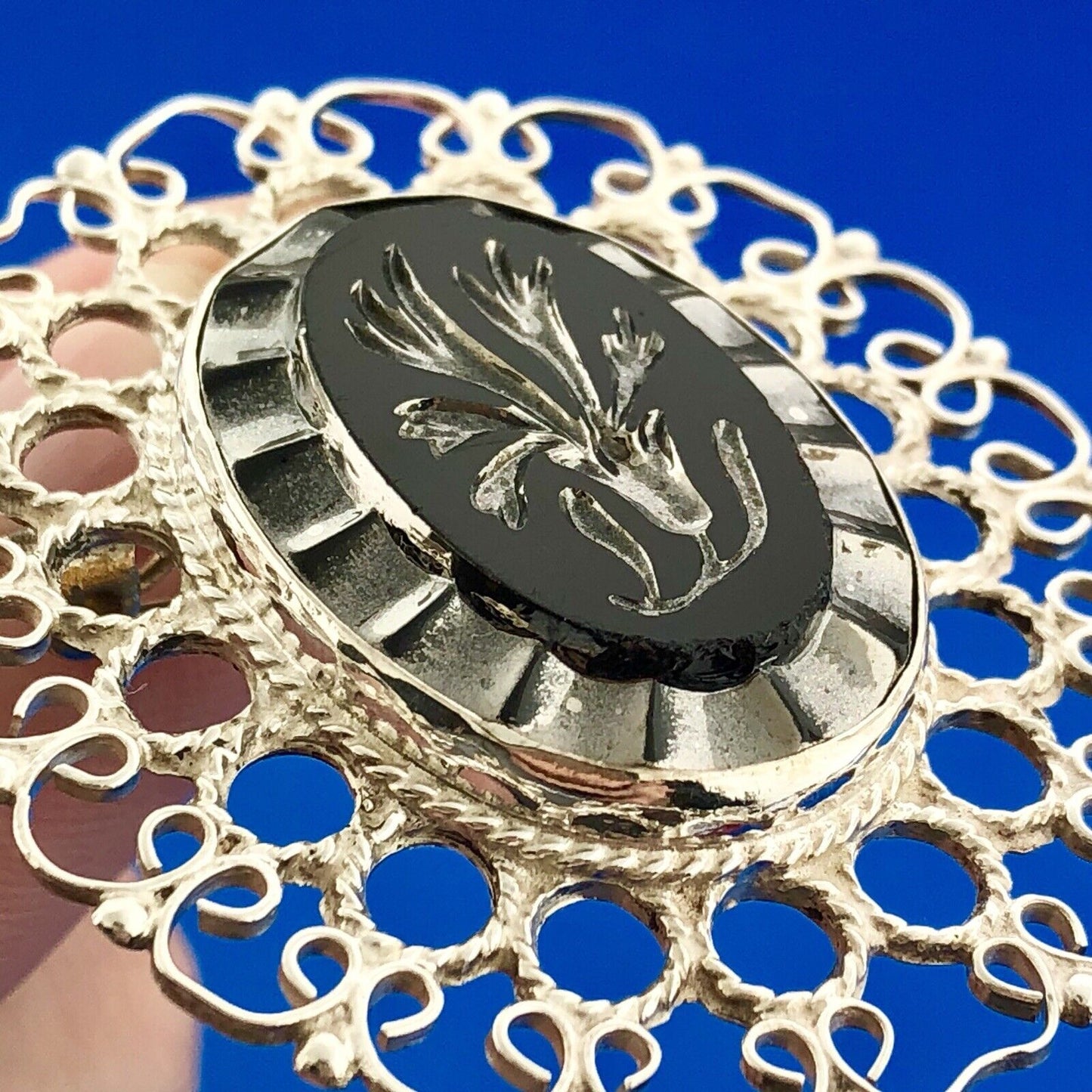 Plata De Jalisco Mexico Sterling Silver Black Intaglio Glass Pin Brooch Pendant