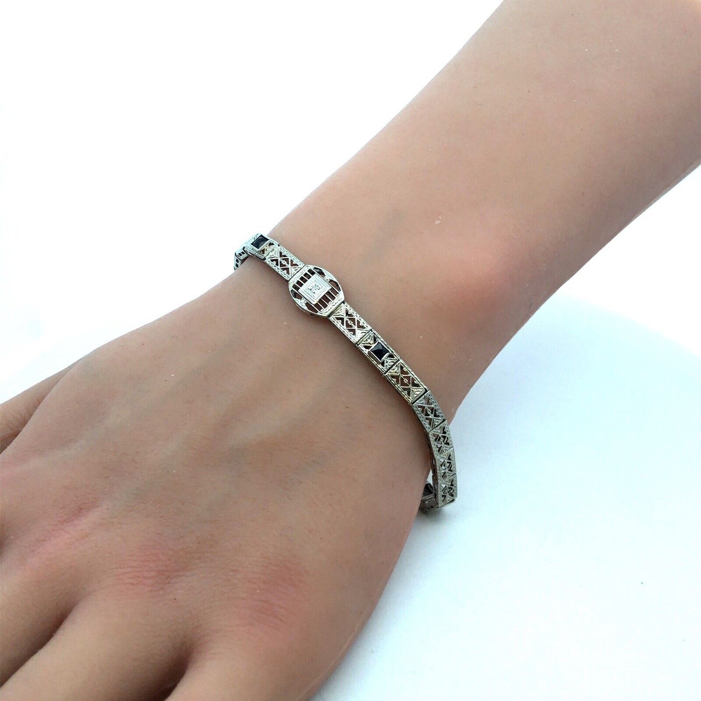 Vintage Art Deco 10K White Gold Diamond Sapphire Filigree Panel Tennis Bracelet