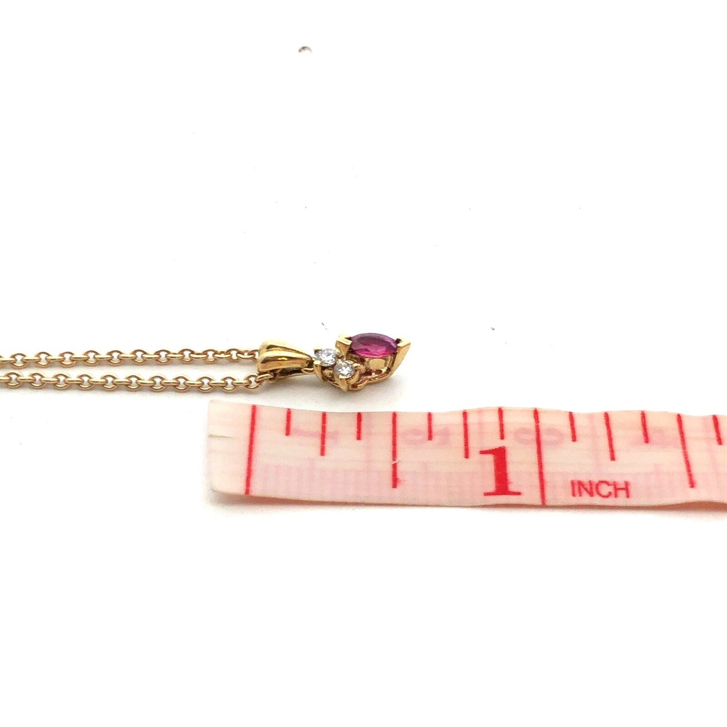 Estate 14K Yellow Gold Marquise Ruby Diamond Accented Pendant Chain Necklace