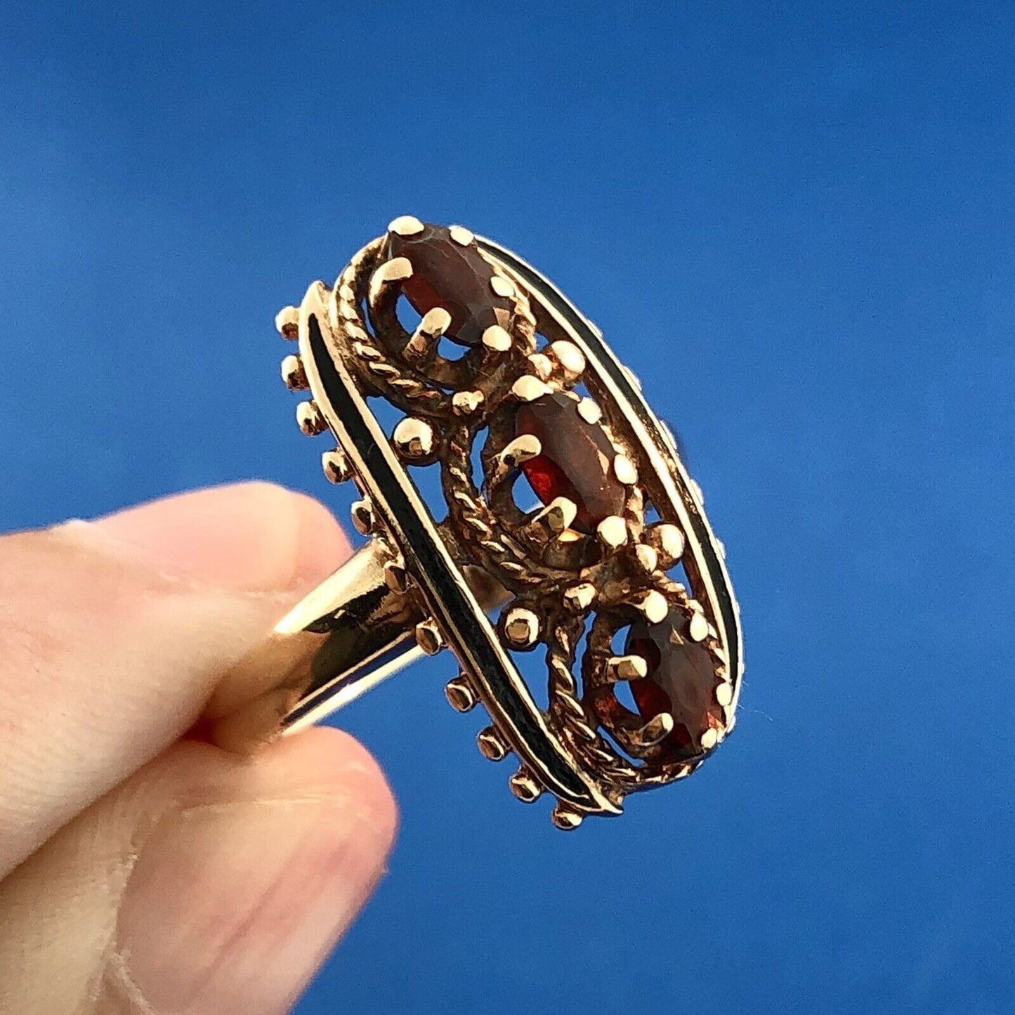 Art Deco Art Nouveau 10K Yellow Gold Oval Garnet January Anniversary Finger Ring