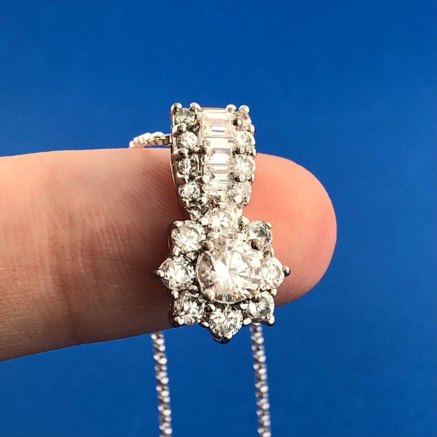 Designer 925 Sterling Silver Cubic Zirconia CZ Floral Cluster Pendant Necklace