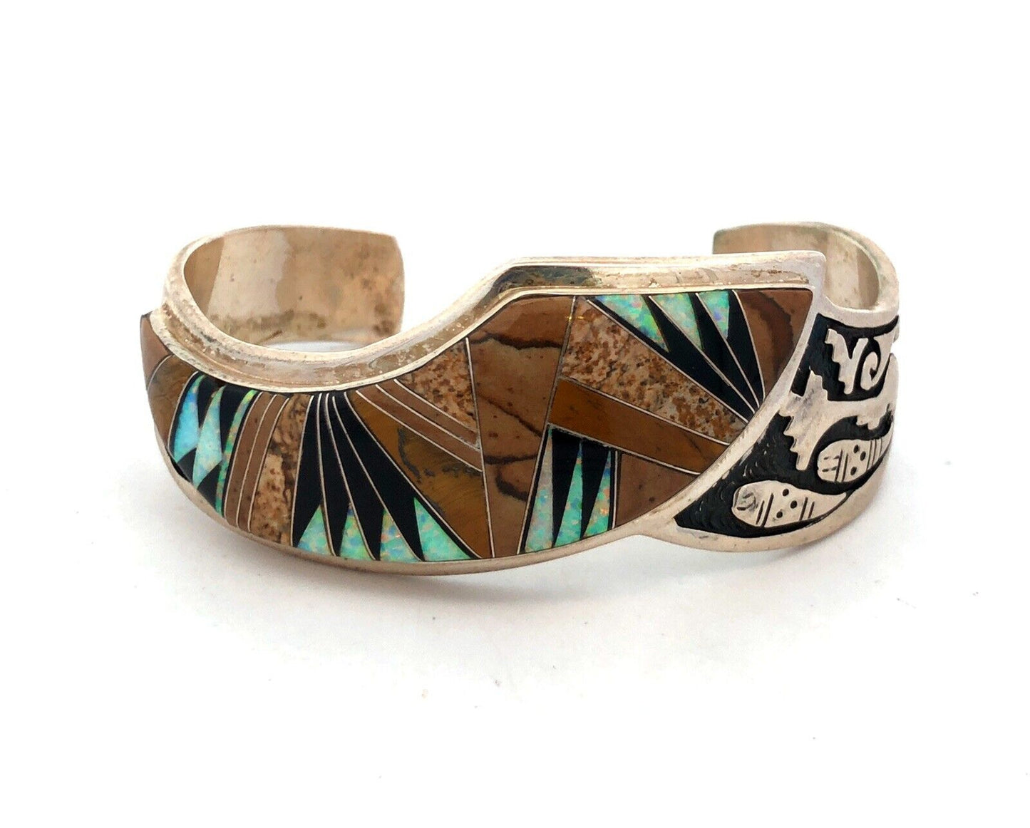 Calvin Begay Sterling Silver Mixed Gemstone Inlay Open Storyteller Cuff Bracelet