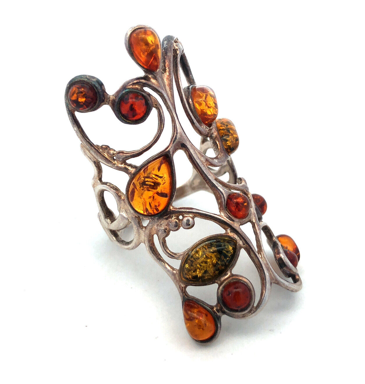 S6205Retro 925 Sterling Silver Mixed Amber Open Work Scroll Statement Finger Rin