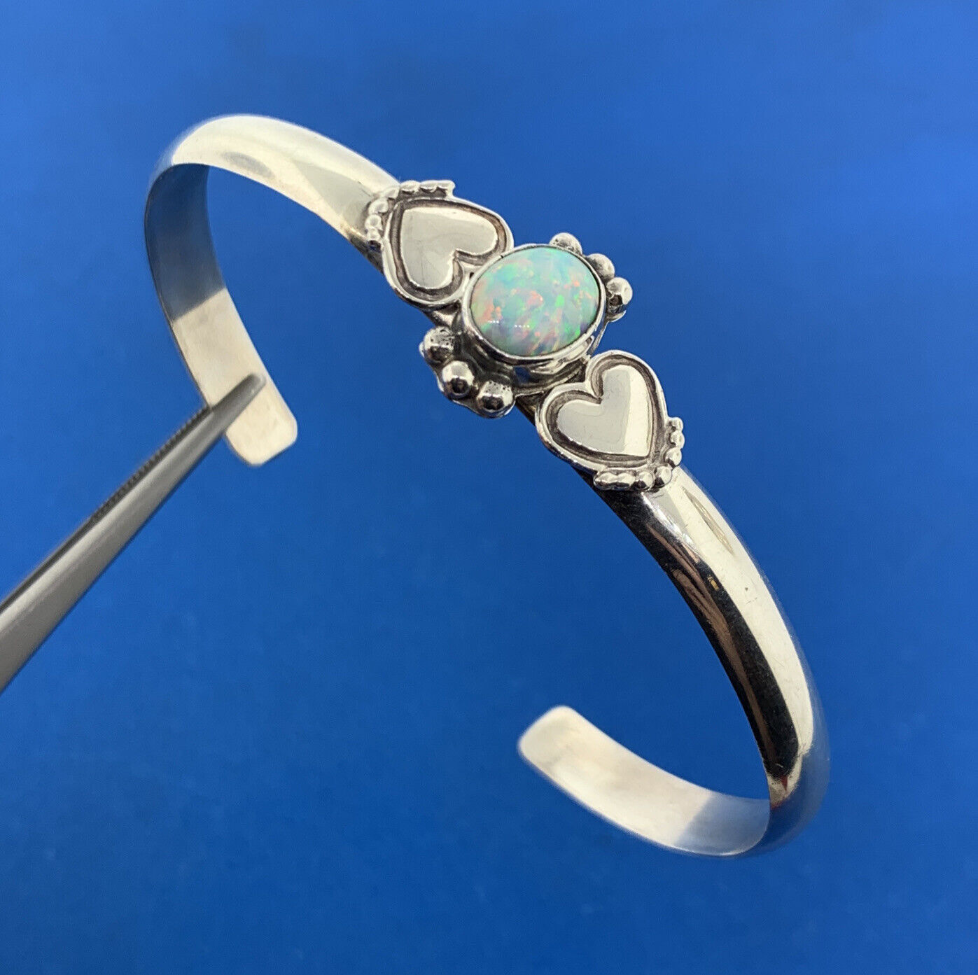 Native American CS Sterling Silver 925 Oval Synthetic Opal Heart Cuff Bracelet