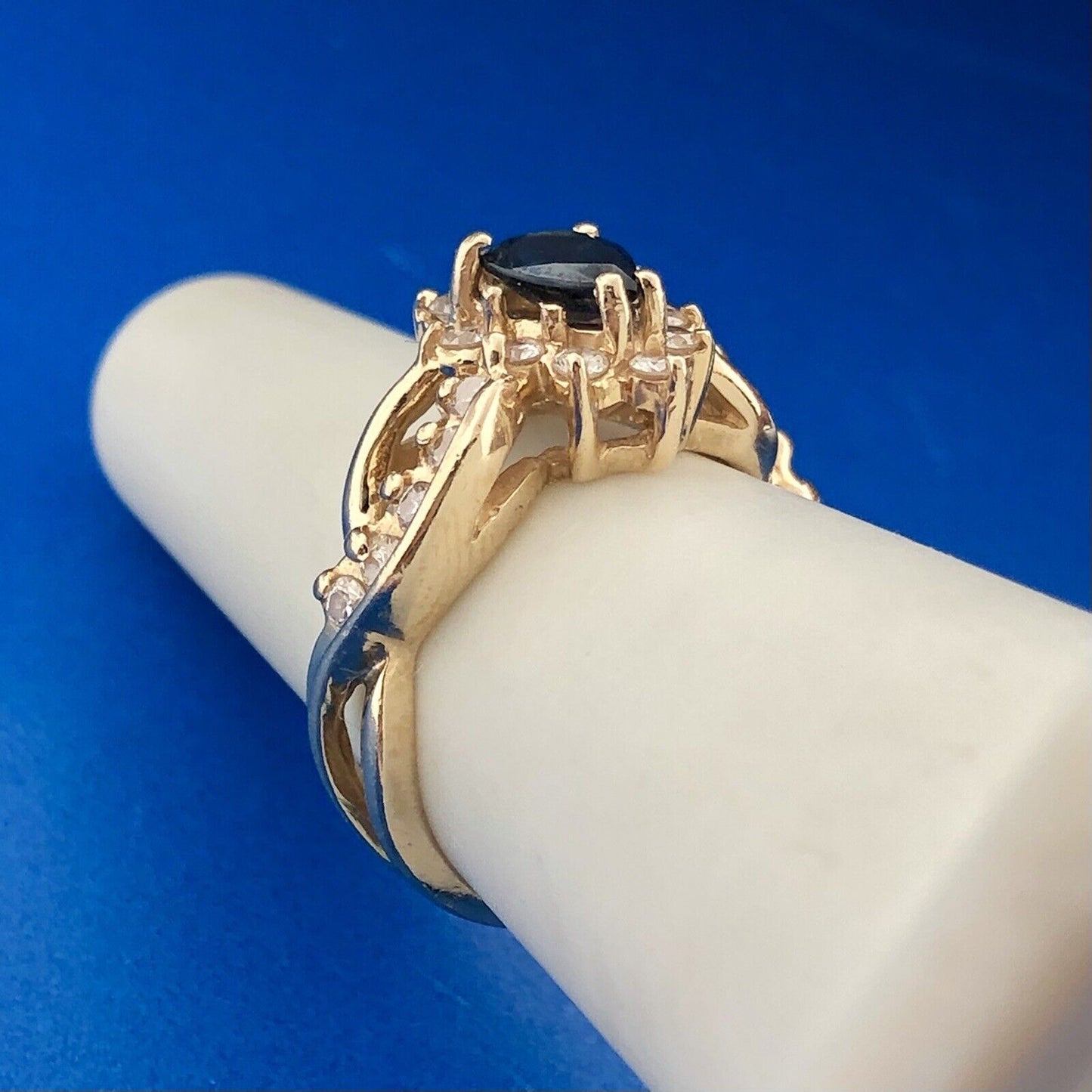 Retro Designer 14K Yellow Gold Sapphire Pear Diamond Halo Accented Cocktail Ring
