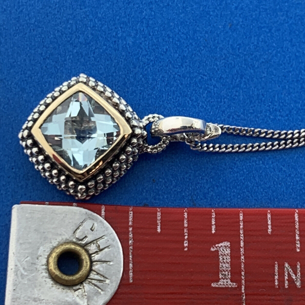 Designer T&C 925 Sterling Silver 14K Yellow Gold Square Blue Topaz Necklace