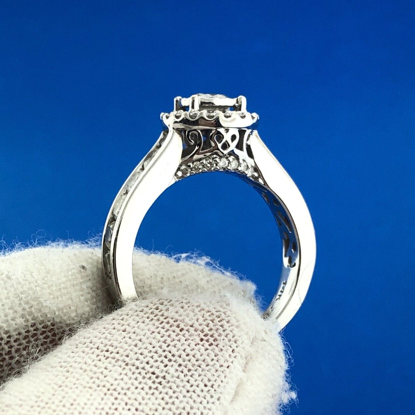 Designer ZEI 14K White Gold Diamond Solitaire Halo Accent Engagement Ring