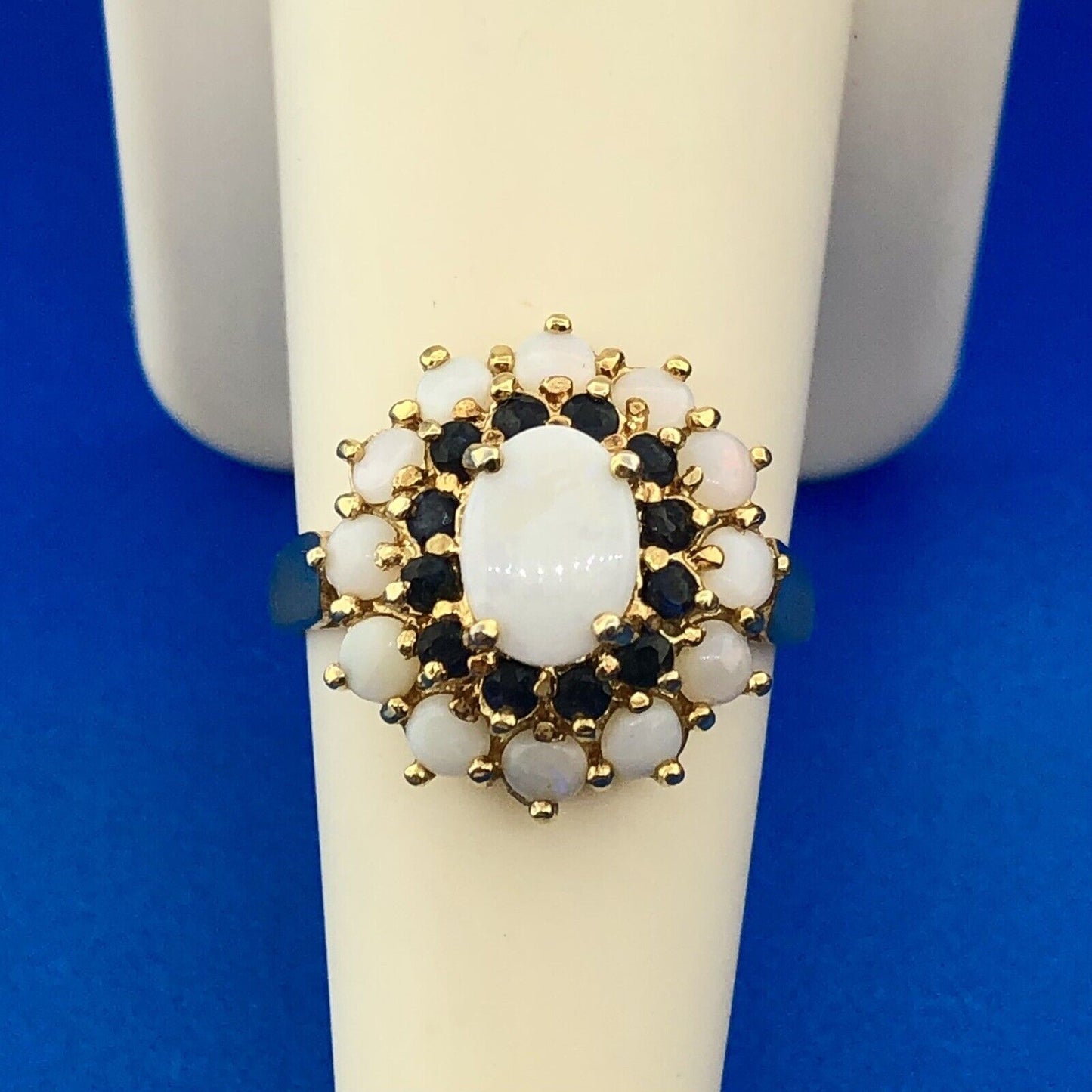 Designer 925 Sterling Silver Vermeil Opal Sapphire Halo Gold Toned Cocktail Ring