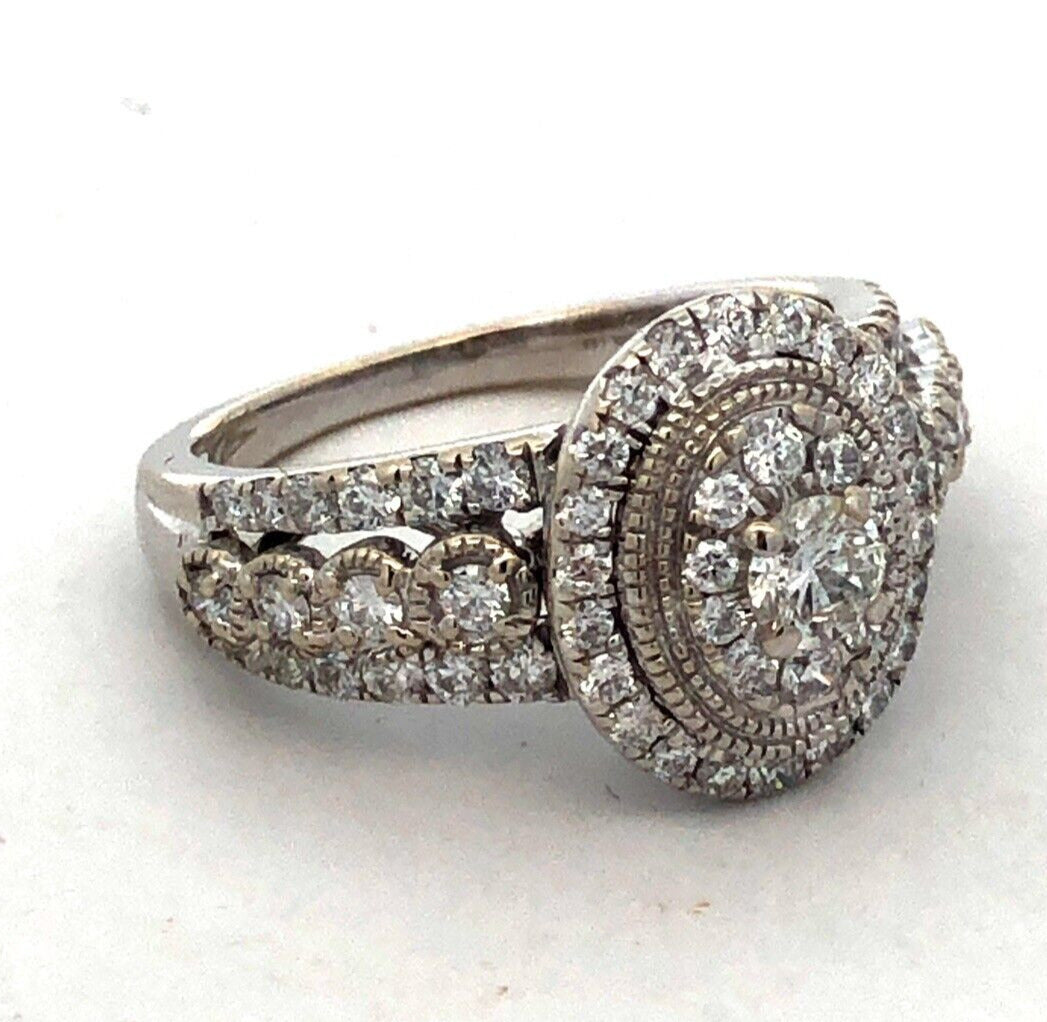 Designer GDM 14K White Gold Round Diamond Cluster Halo Oval Engagement Ring