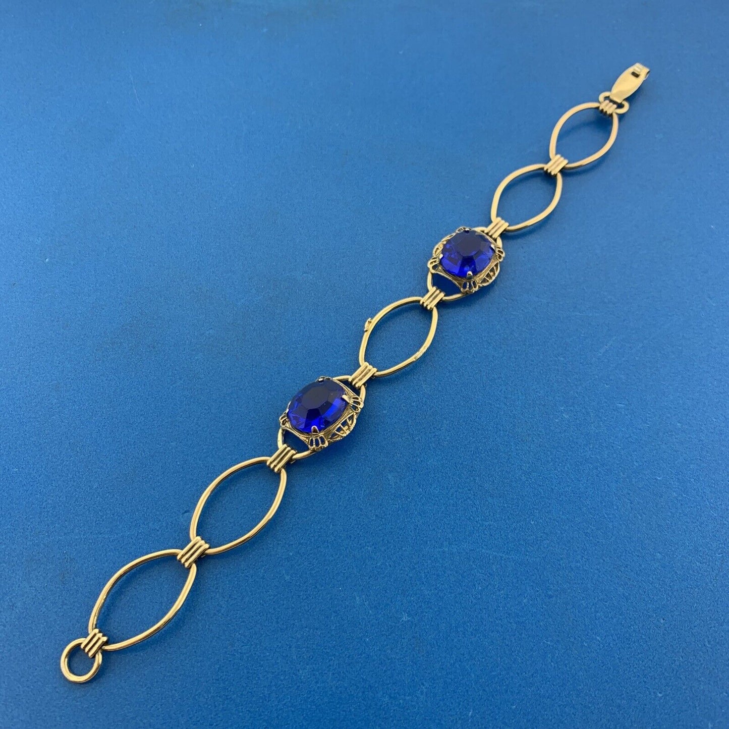 Art Deco AMCO Gold Filled Sterling Silver Faceted Blue Glass Oval Link Bracelet