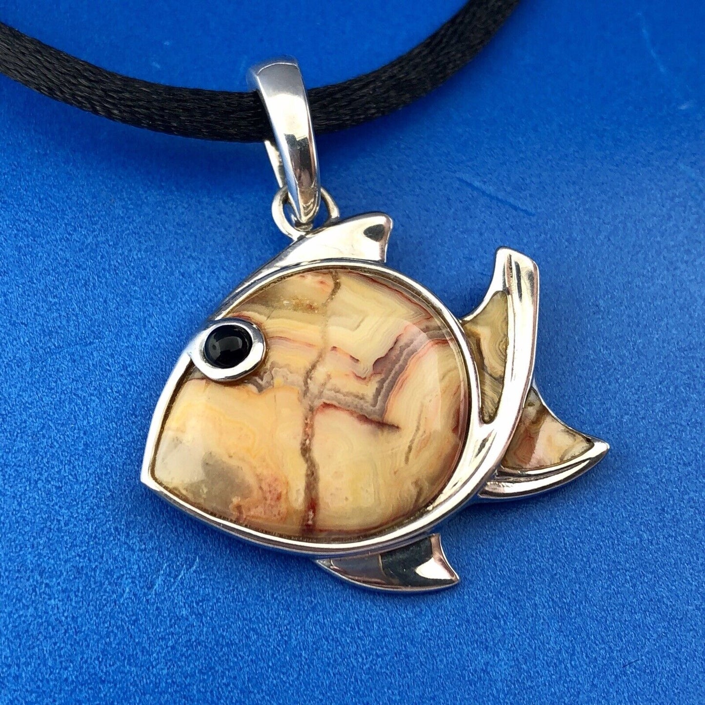 Whitney Kelly Sterling Silver 925 Agate Onyx Fish Silk Cord Enhancer Necklace
