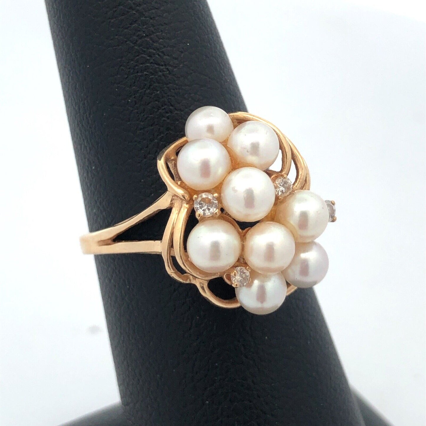Designer 14K Yellow Gold Pearl Diamond Accented Modernist Cluster Cocktail Ring