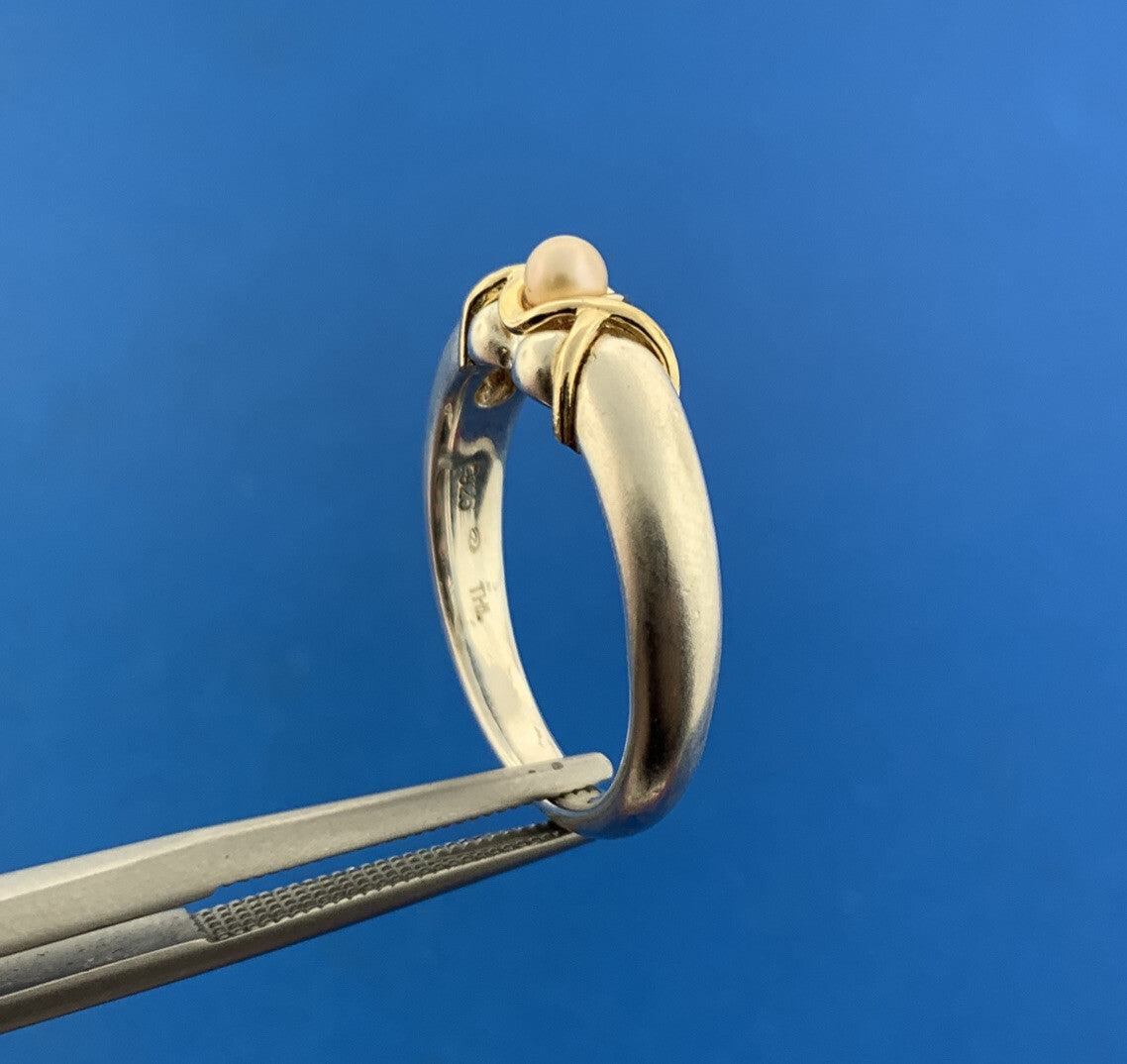 Designer THL 925 Sterling Silver Pearl Brushed Finish Two Tone Band Ring