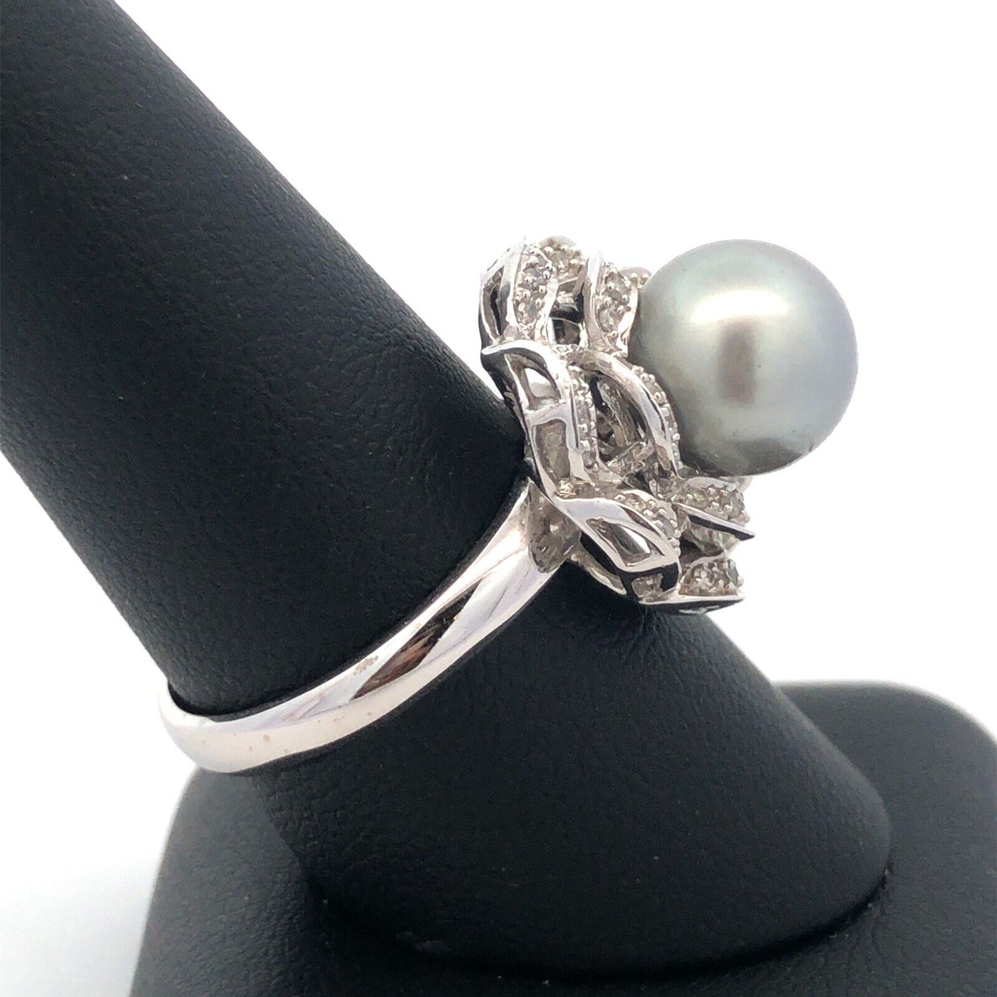 Designer 14K White Gold Tahitian Pearl Diamond Statement Cocktail Ring
